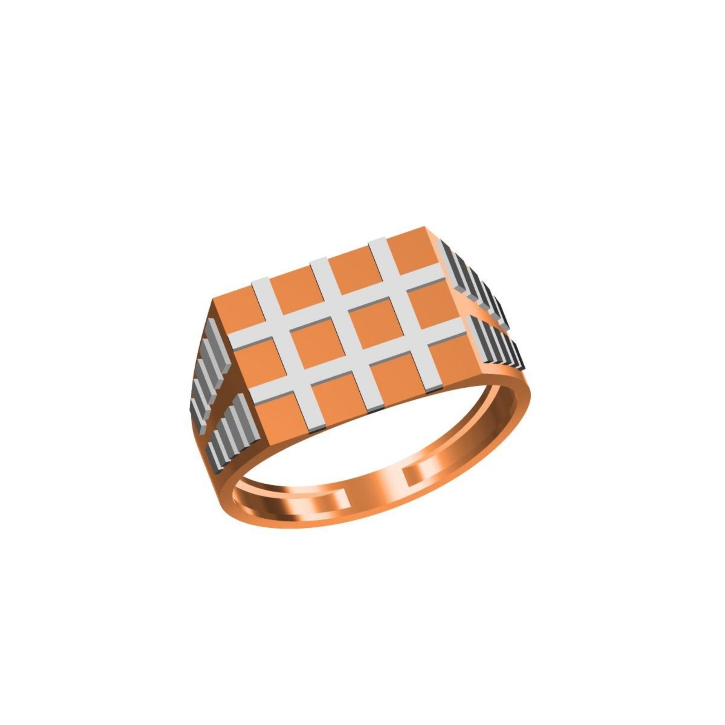 A men's signet ring with a geometric grid pattern face. The ring features a polished copper-orange band, a white cross-grid pattern on the top, and dark gray textured side panels.