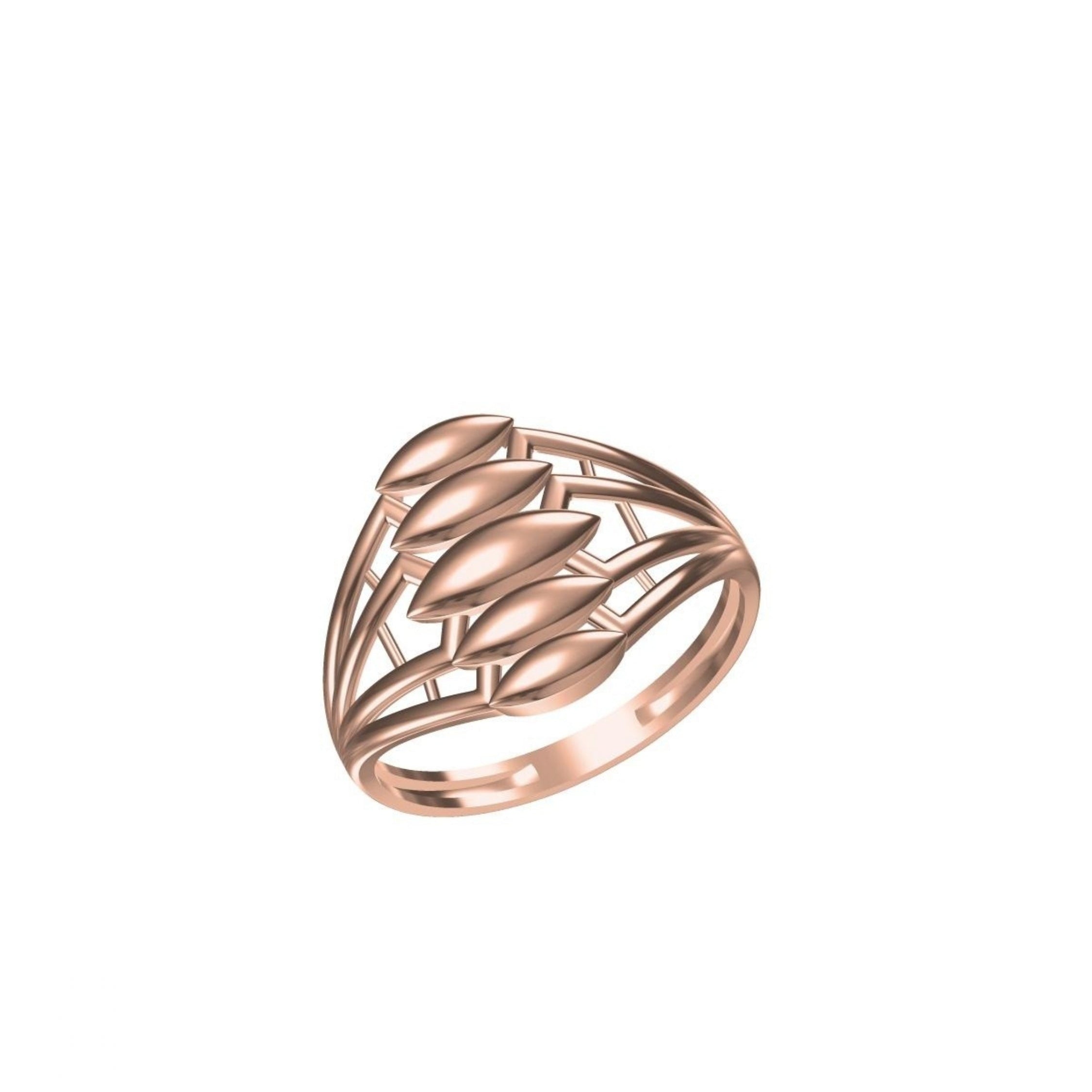 A rose gold ring with a stylized leaf design, shown on a plain white background with a small model number and logo at the bottom.