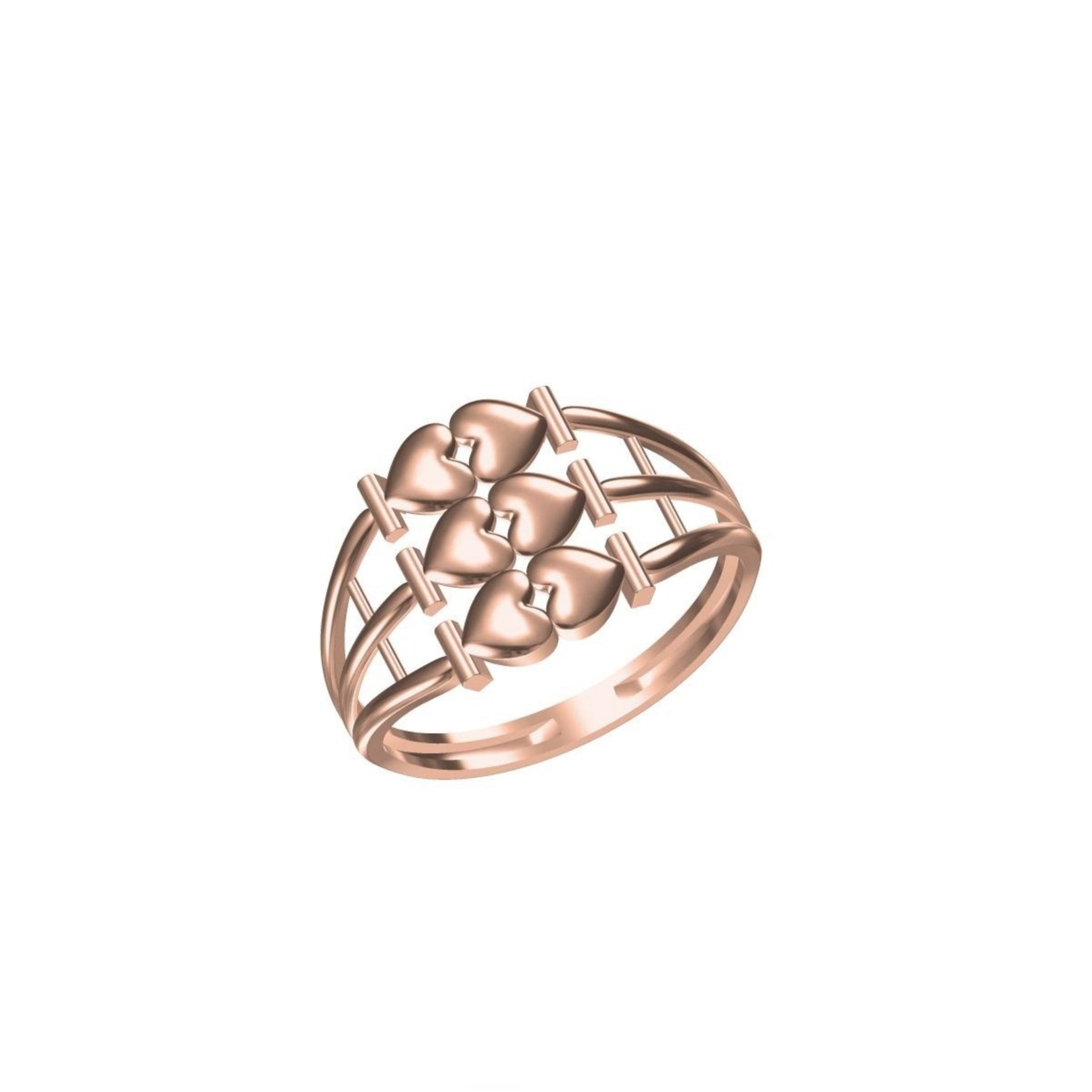A rose gold ring with a central cluster of five hearts connected by a lattice-like band, shown on a plain white background with a small model number and logo at the bottom.