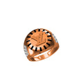 A rose gold signet ring featuring a prominent Louis Vuitton monogram 'LV' motif surrounded by black inlay, with small clear stones on the shoulders, shown on a plain white background.