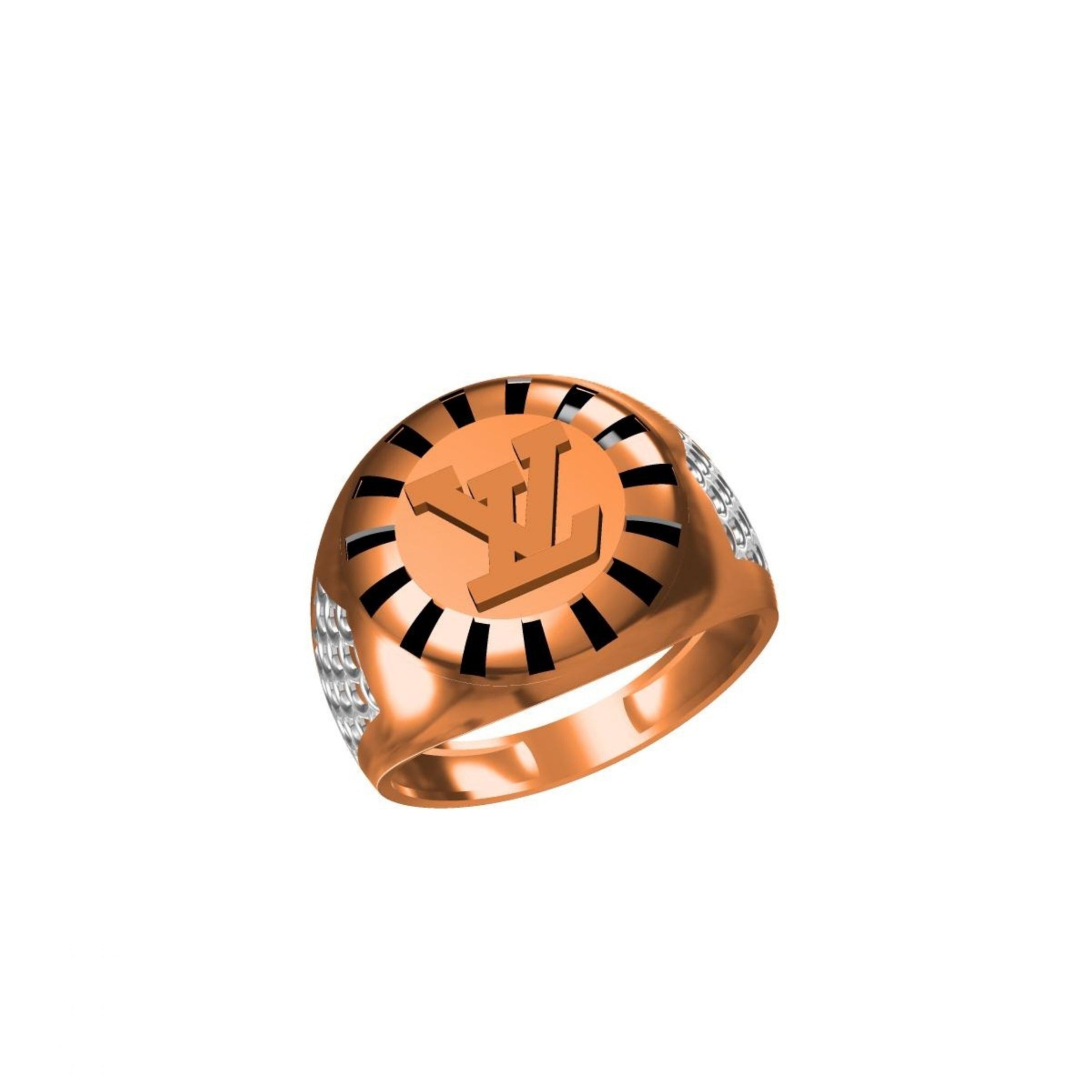 A rose gold signet ring featuring a prominent Louis Vuitton monogram 'LV' motif surrounded by black inlay, with small clear stones on the shoulders, shown on a plain white background.