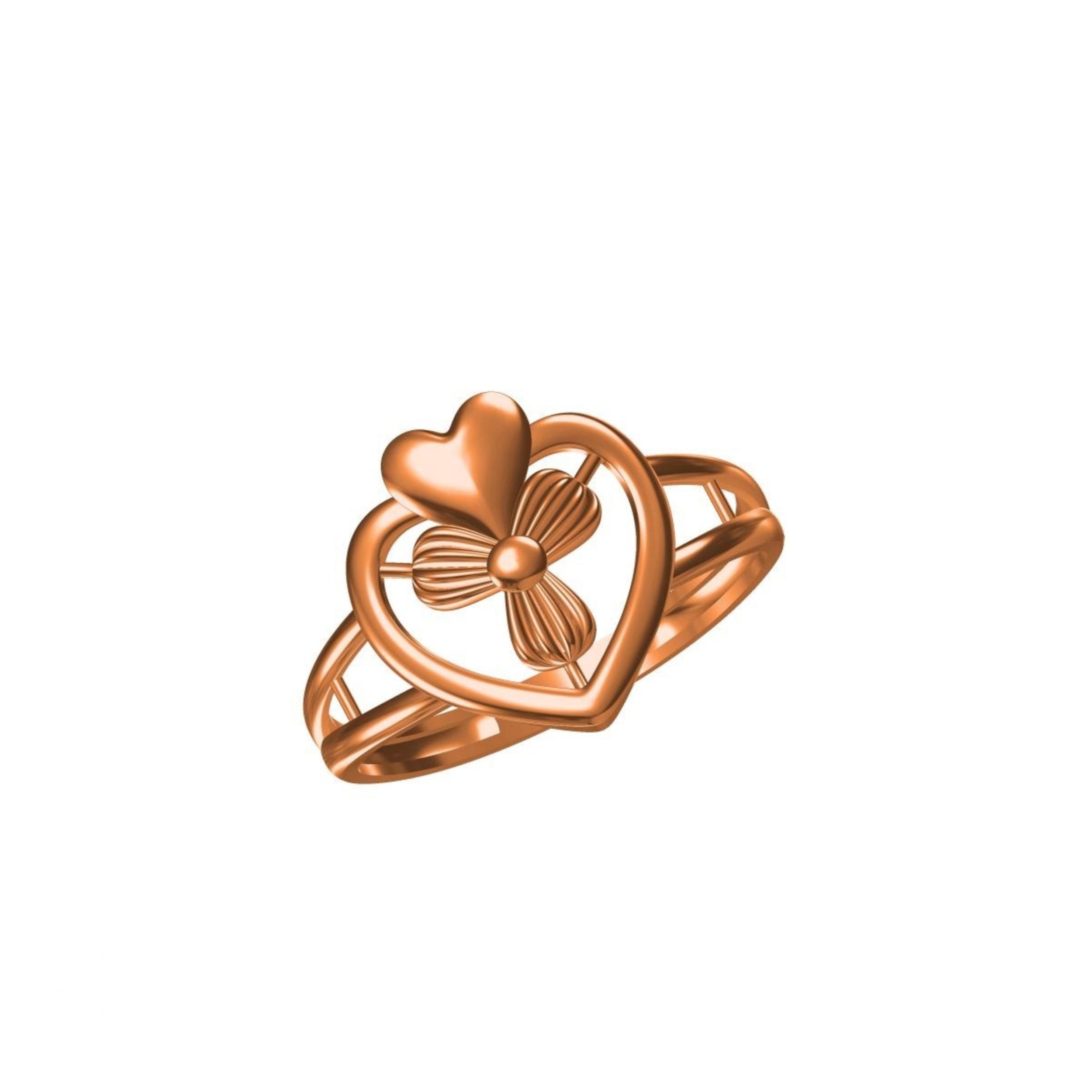 A rose gold ring featuring a heart and clover design, shown on a plain white background with a small model number and brand logo at the bottom.