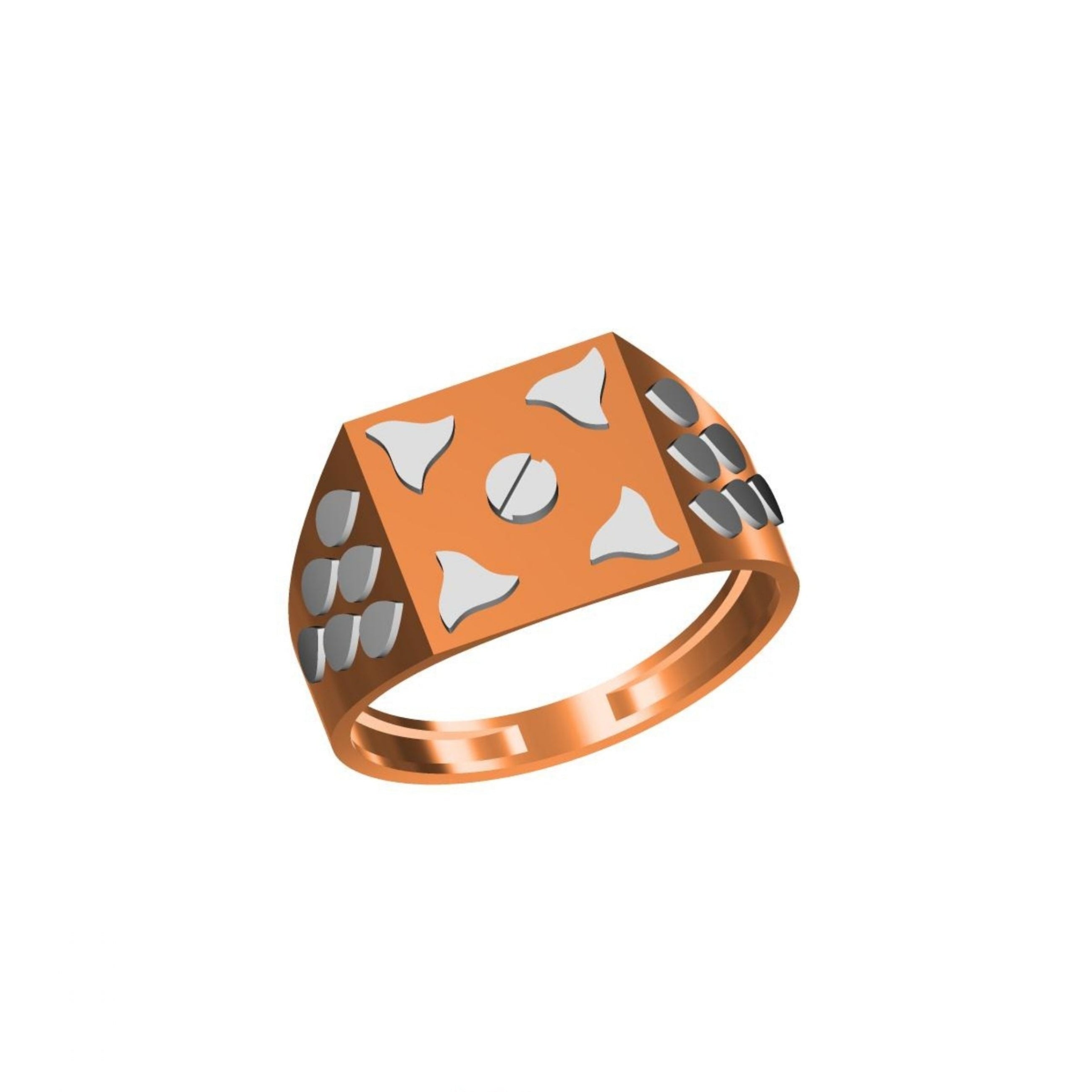 A geometric ring with a warm copper-orange face and silver-toned triangular and rectangular inlays, shown on a plain white background with a small model code label and logo at the bottom.