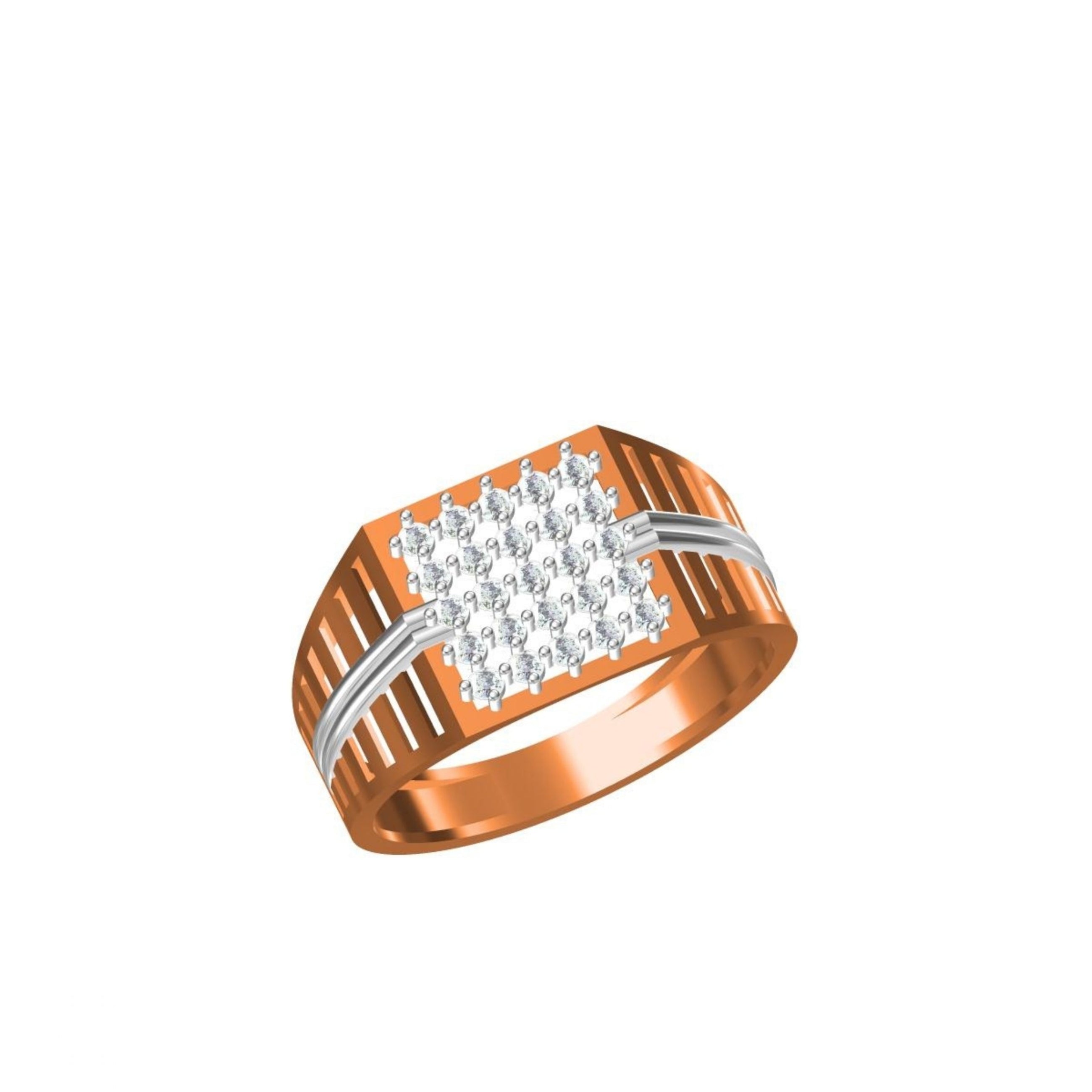A men's ring in rose gold with a central cluster of clear pavé gemstones and silver-toned accent stripes on the band, shown on a plain white background with a small specification table in the bottom-left corner.