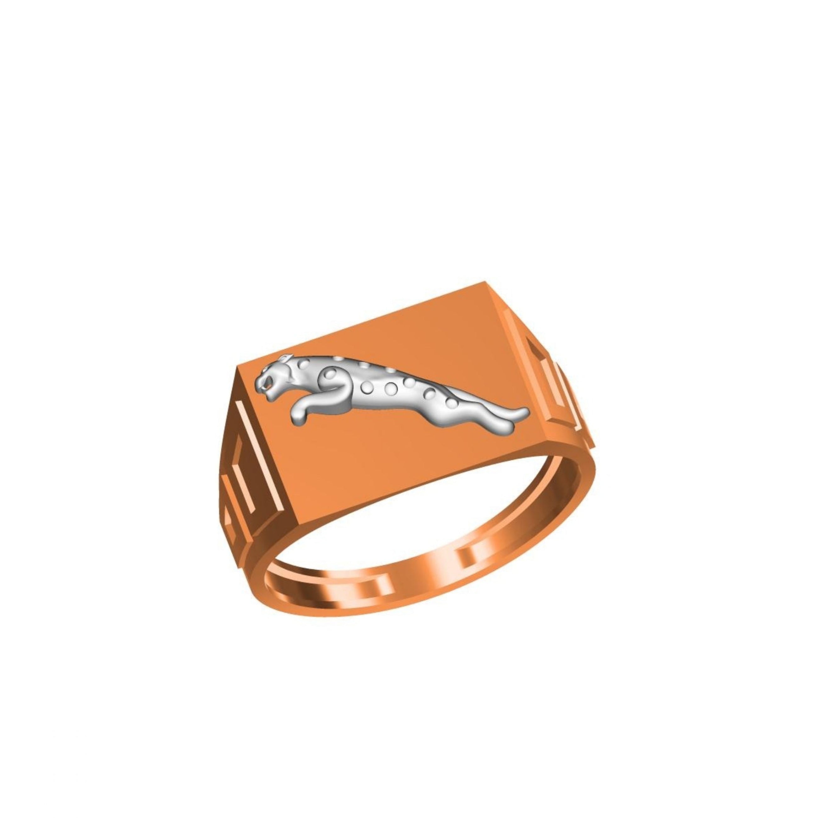 A rose gold signet ring with a silver jaguar emblem on a white background, featuring a small code label and an 'IC' logo at the bottom.