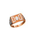 A geometric signet ring with a copper-orange and white enamel face, featuring a circular center and rectangular side panels, shown on a plain white background with a model number and logo.
