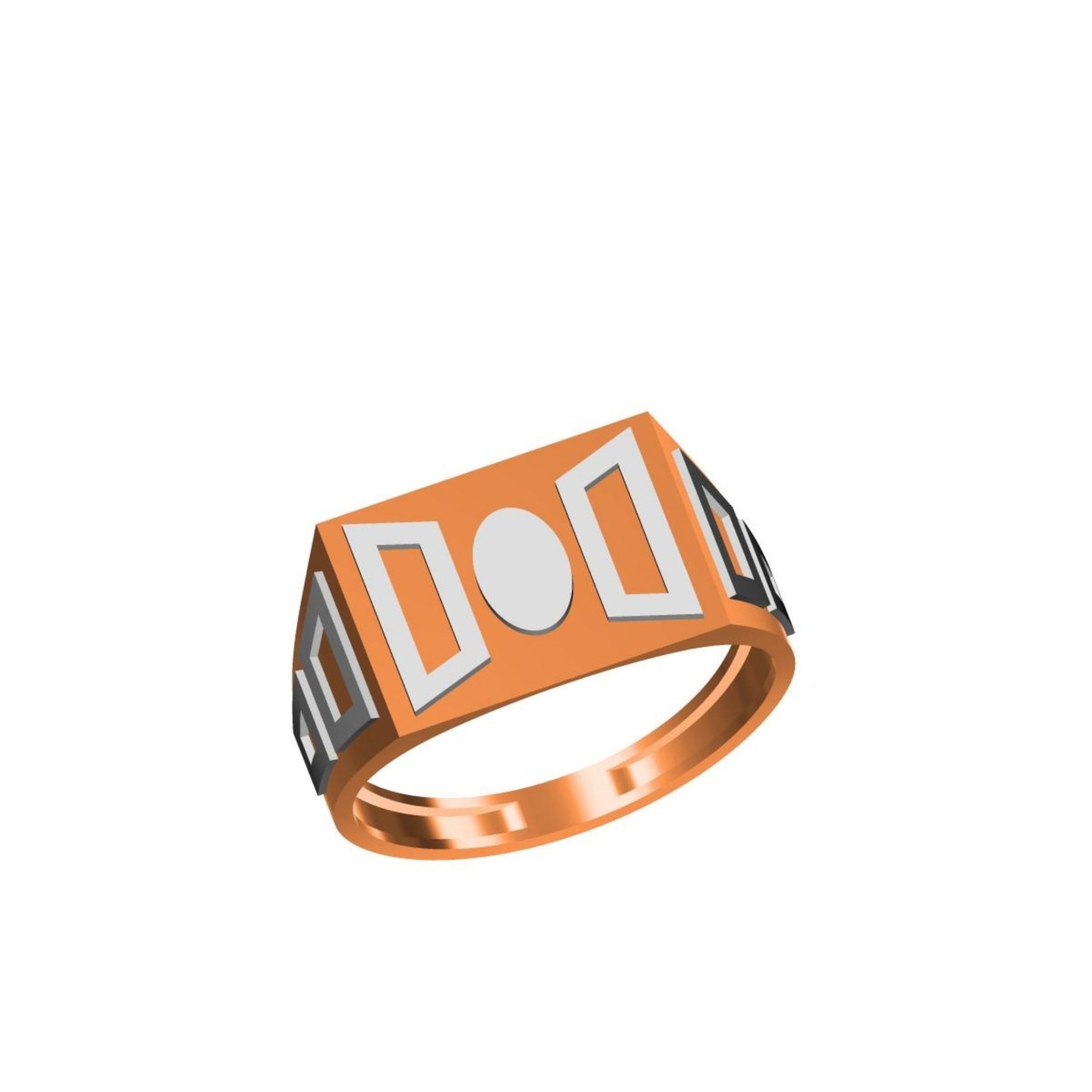 A geometric signet ring with a copper-orange and white enamel face, featuring a circular center and rectangular side panels, shown on a plain white background with a model number and logo.