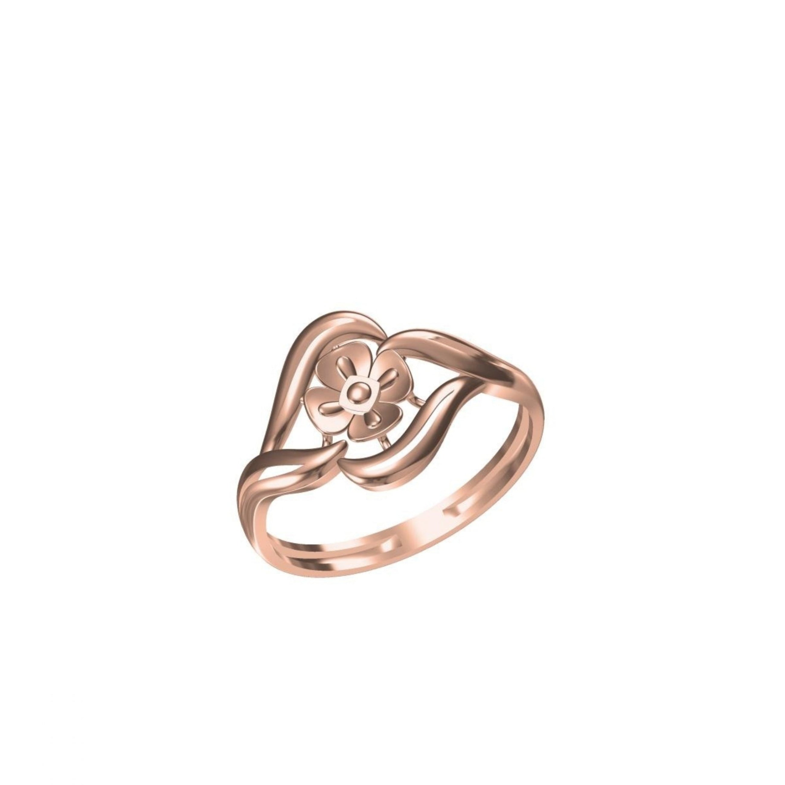A rose gold ring with a stylized heart and flower motif, shown on a plain white background with a small model number and brand logo at the bottom.