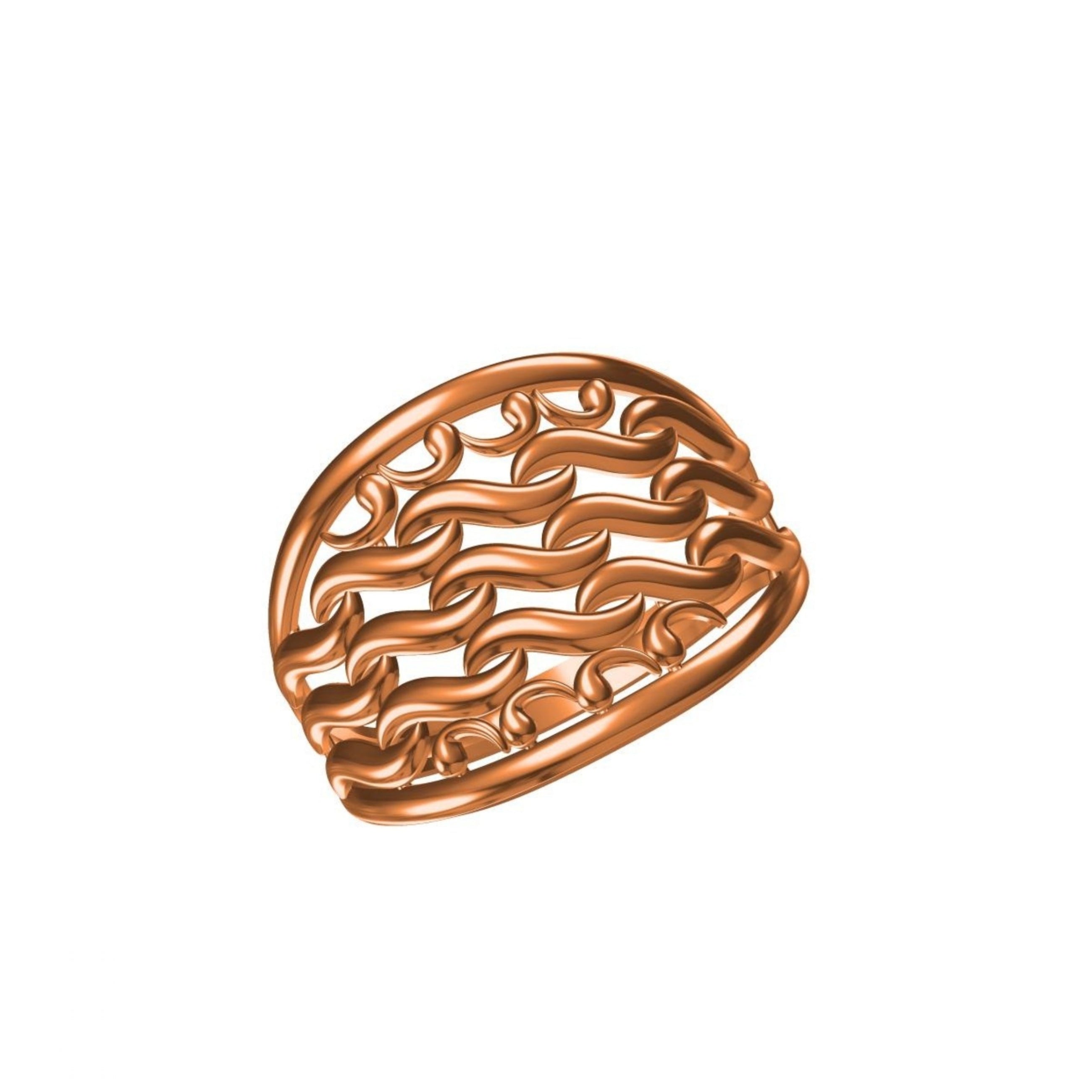 A copper-toned openwork ring with a wavy, interlocking pattern, shown on a plain white background with a small code label and logo at the bottom.