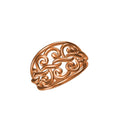 A copper-toned Celtic knot ring with intricate scrollwork, shown on a plain white background with a small model code label in the bottom-left corner and a logo at the bottom center.