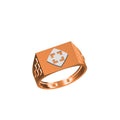 A rose gold signet ring with a square face featuring a white diamond-shaped inlay with a cross motif, shown on a plain white background with a model number and brand logo at the bottom.