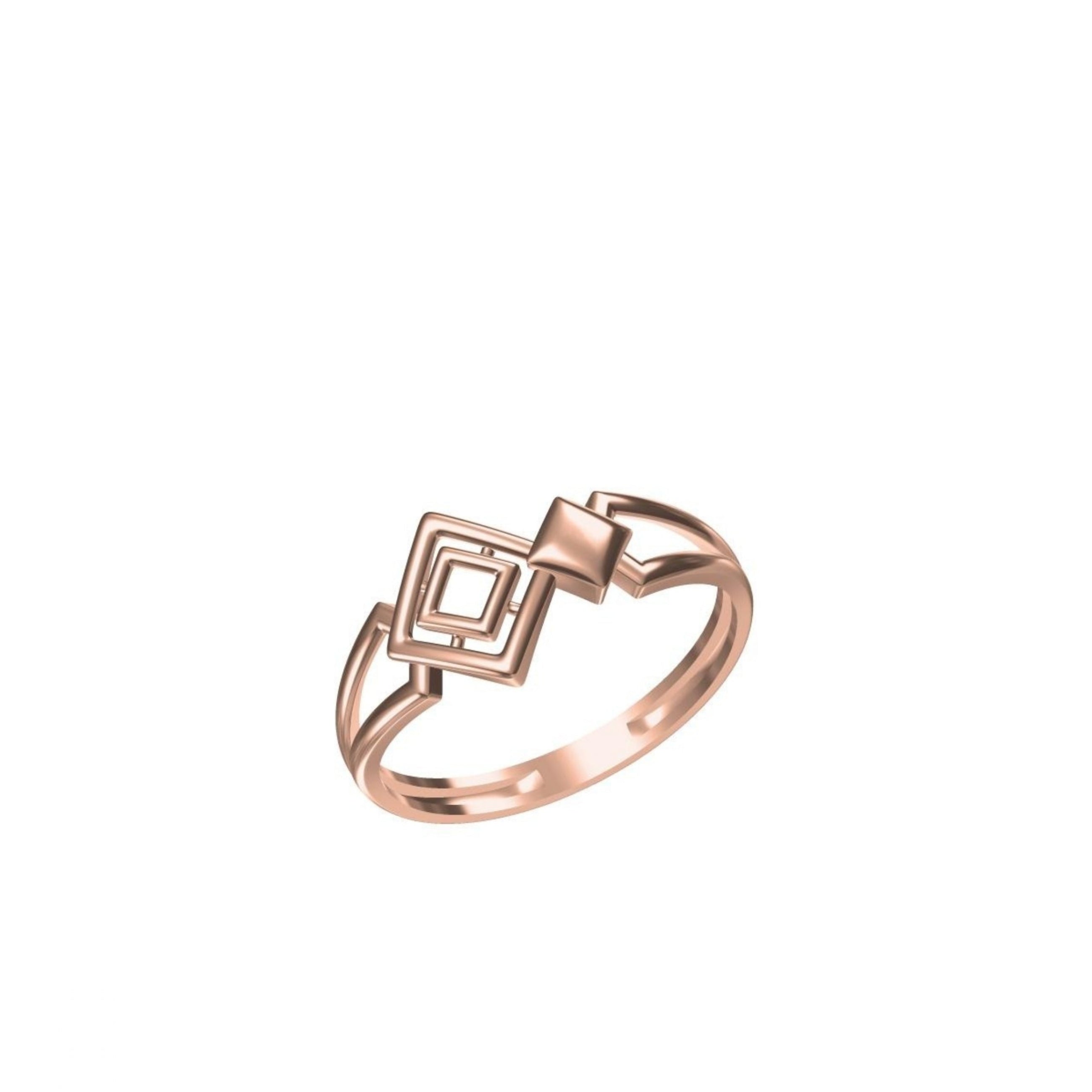 A rose gold geometric ring with a double square frame design on a clean white background, featuring a small model code label in the bottom left and a brand logo in the bottom center.