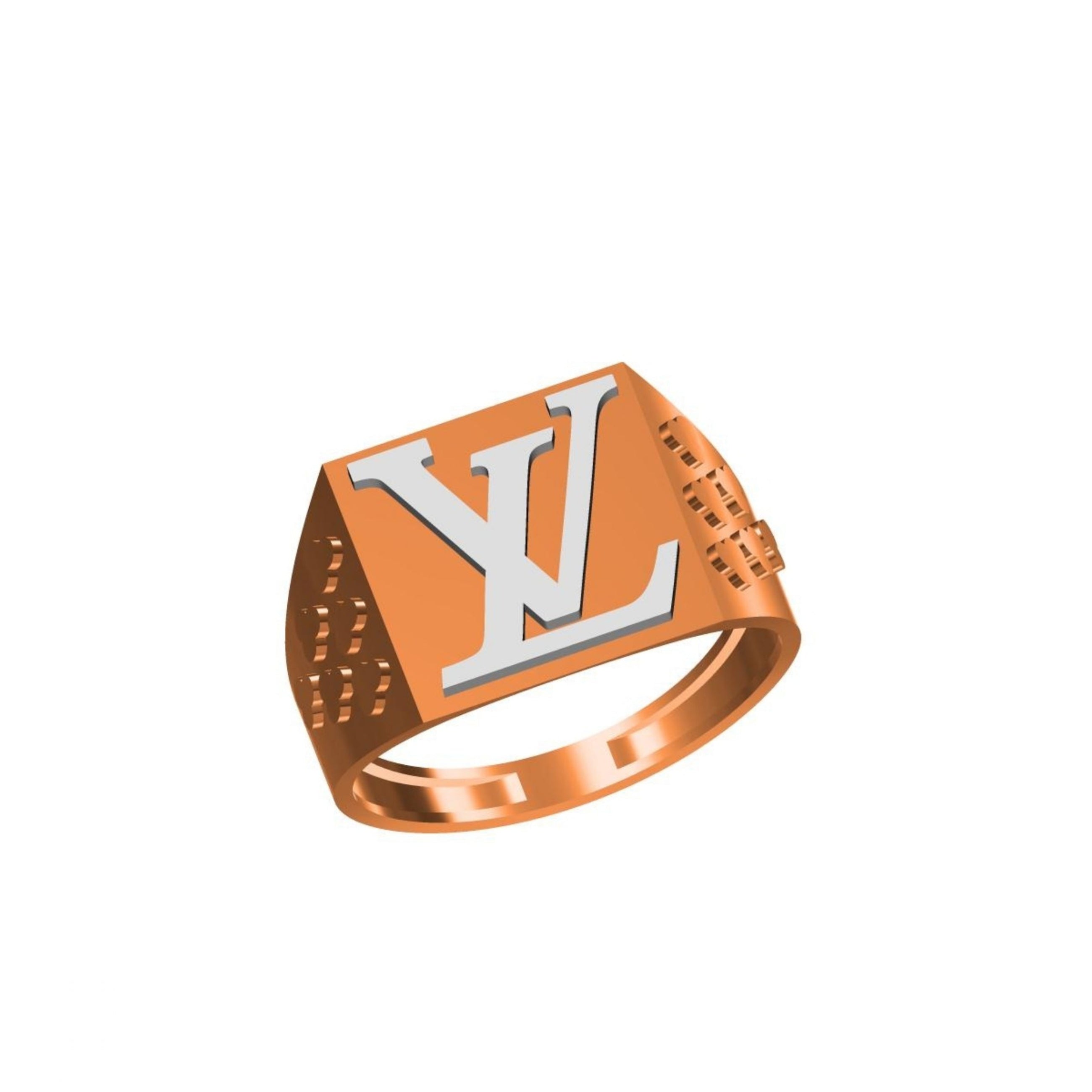 A Louis Vuitton monogram ring in rose gold and silver-tone metal, featuring the interlocking LV logo on a square face with textured sides, shown on a plain white background.