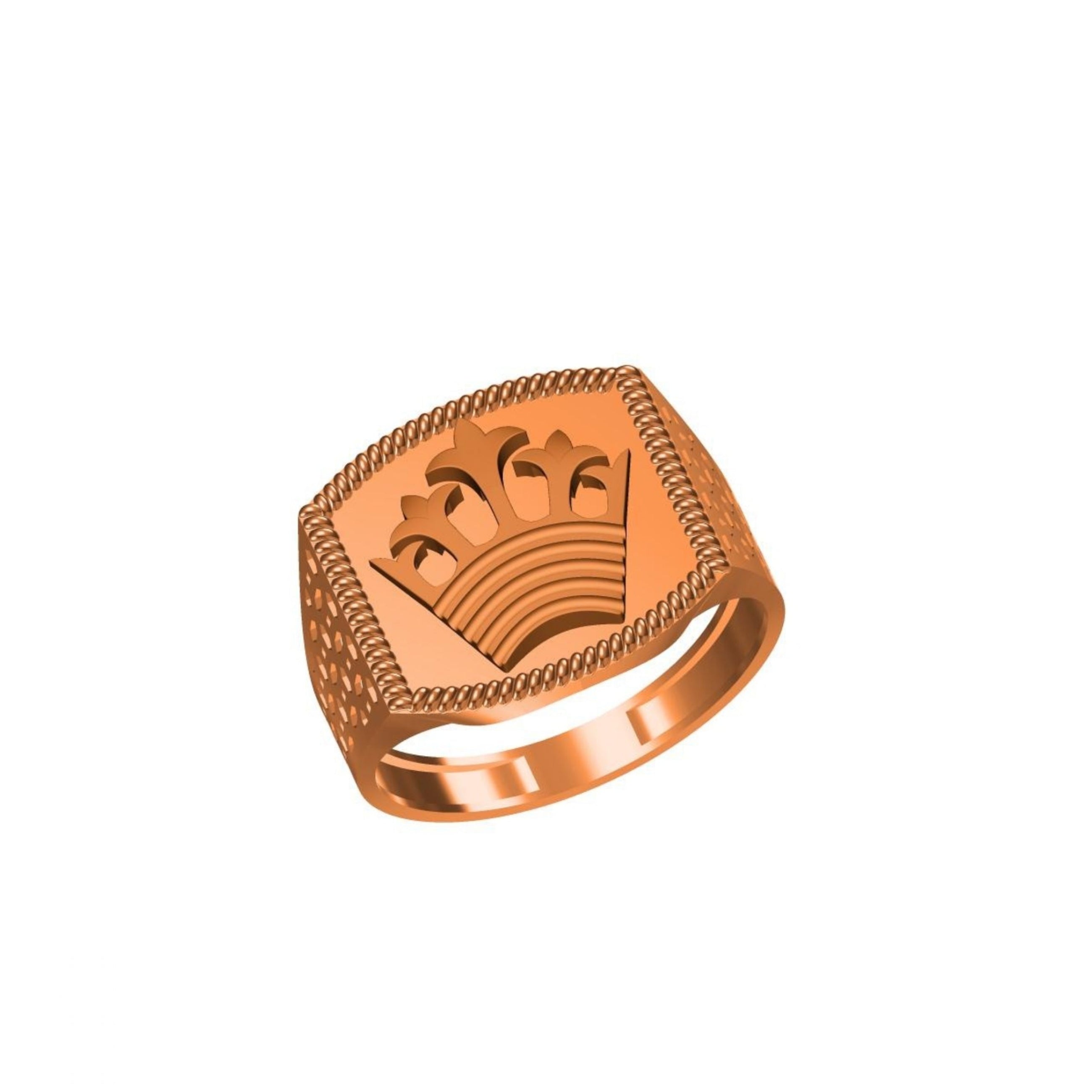 A rose gold signet ring with a crown motif on a textured, beaded band, shown on a plain white background with a small product code label in the bottom-left corner.