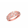 A rose gold ring with a textured, perforated band and star-shaped floral details, shown on a plain white background with a small model number and brand logo.