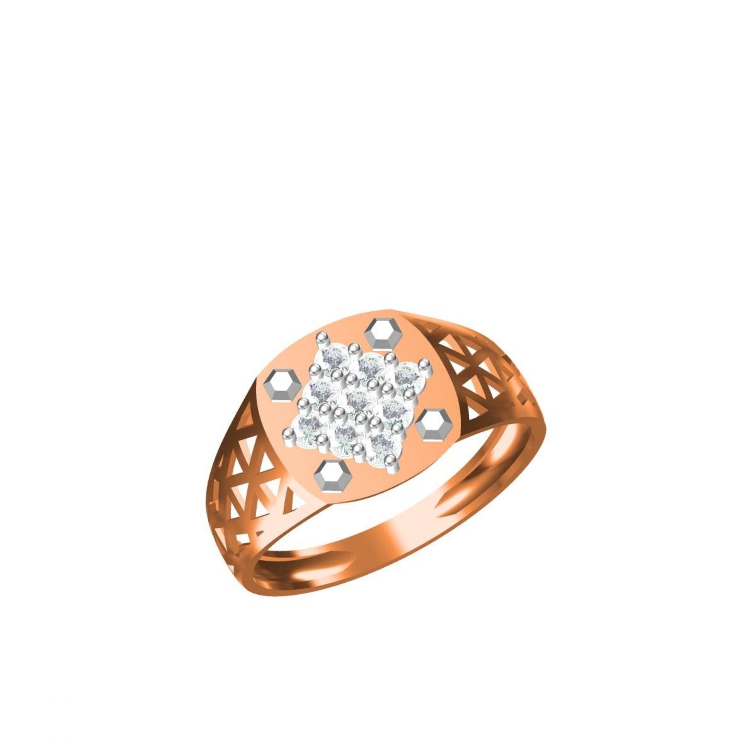 A rose gold ring with a central cluster of clear diamonds and six surrounding diamond-shaped accents, shown on a plain white background with a small specification table and logo at the bottom left.