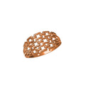 A rose gold geometric link ring with an openwork, interlocking pattern, shown on a plain white background with a model number and brand logo at the bottom.