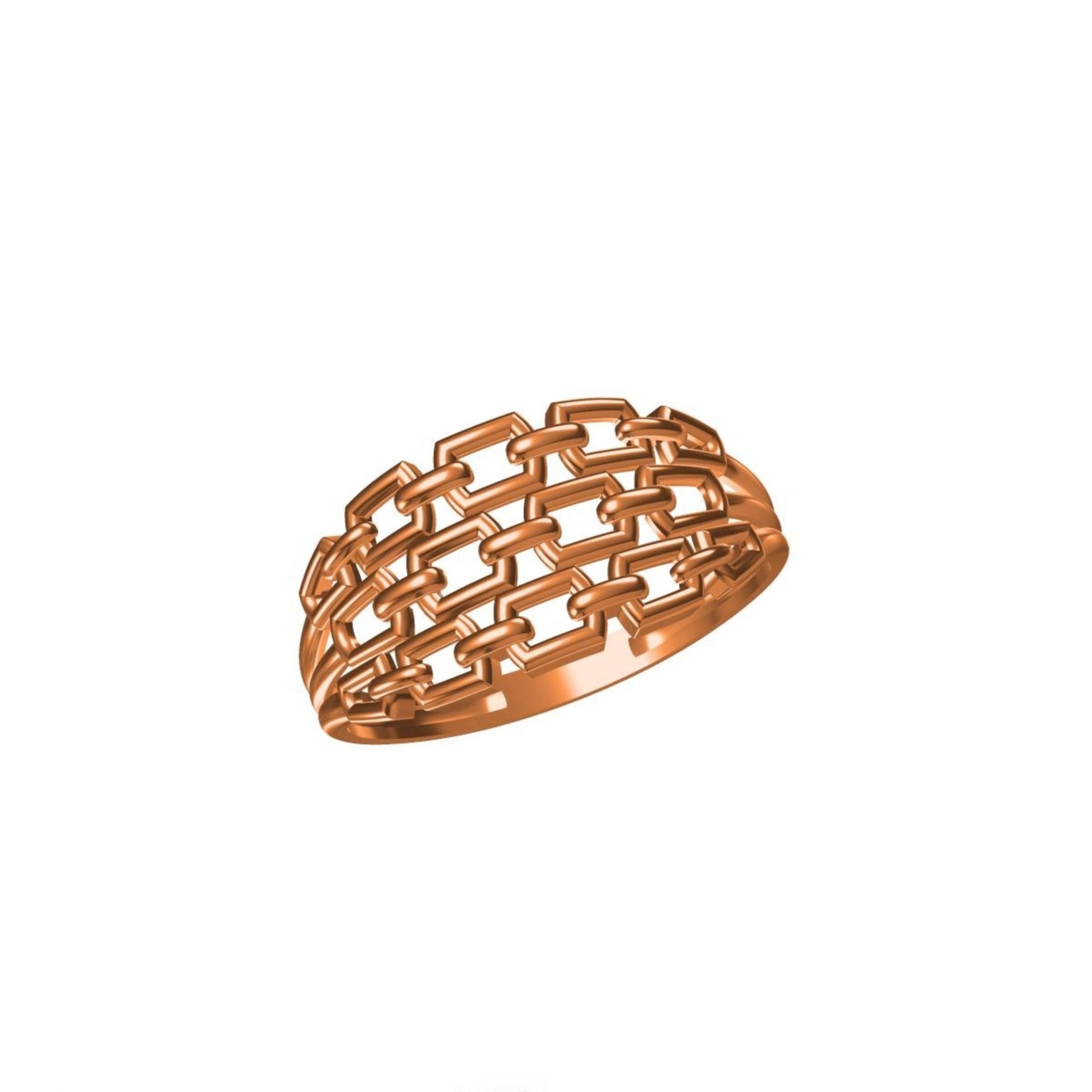 A rose gold geometric link ring with an openwork, interlocking pattern, shown on a plain white background with a model number and brand logo at the bottom.