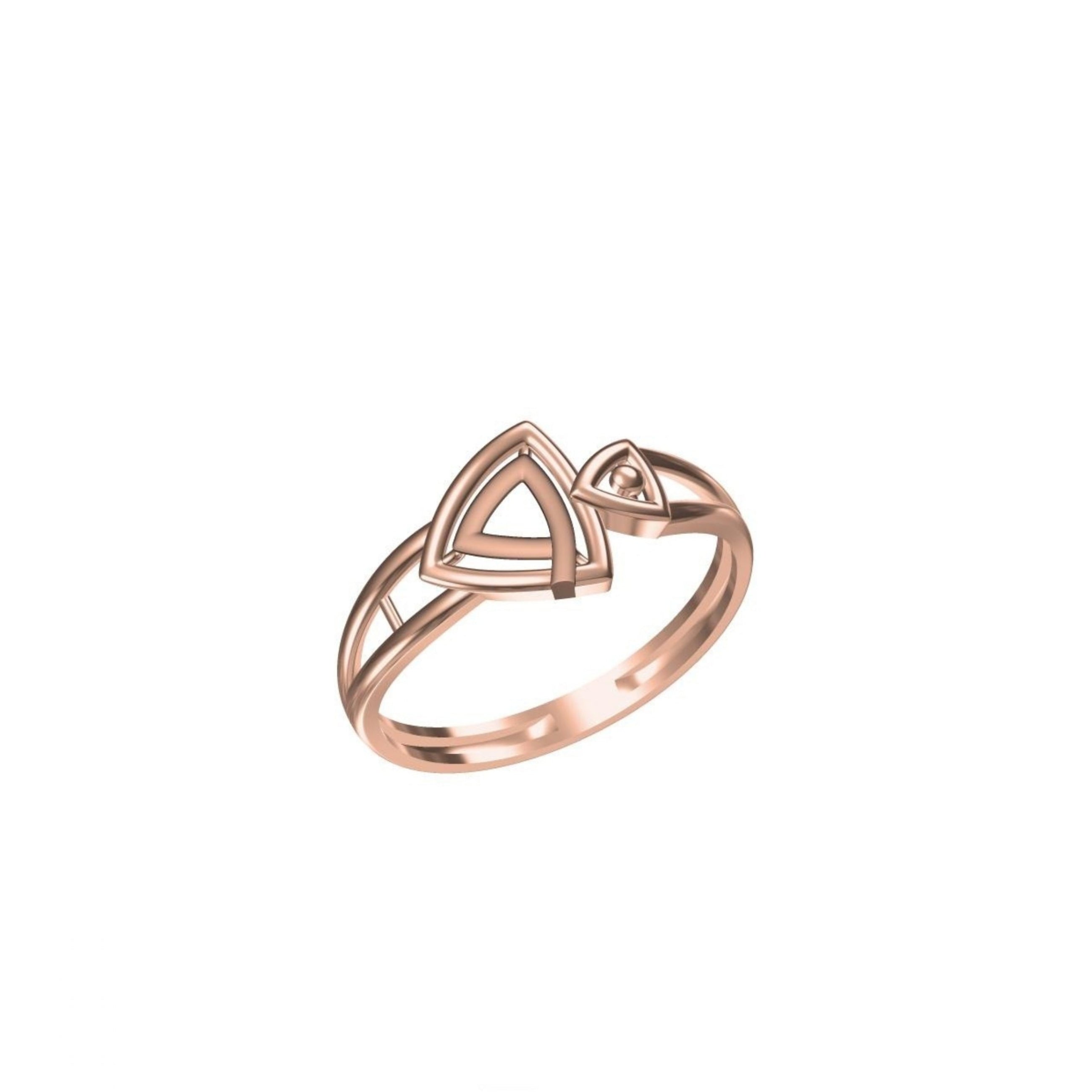 A rose gold ring with a triangular openwork design on a white background, featuring a small 'IC' logo and a model code label at the bottom.