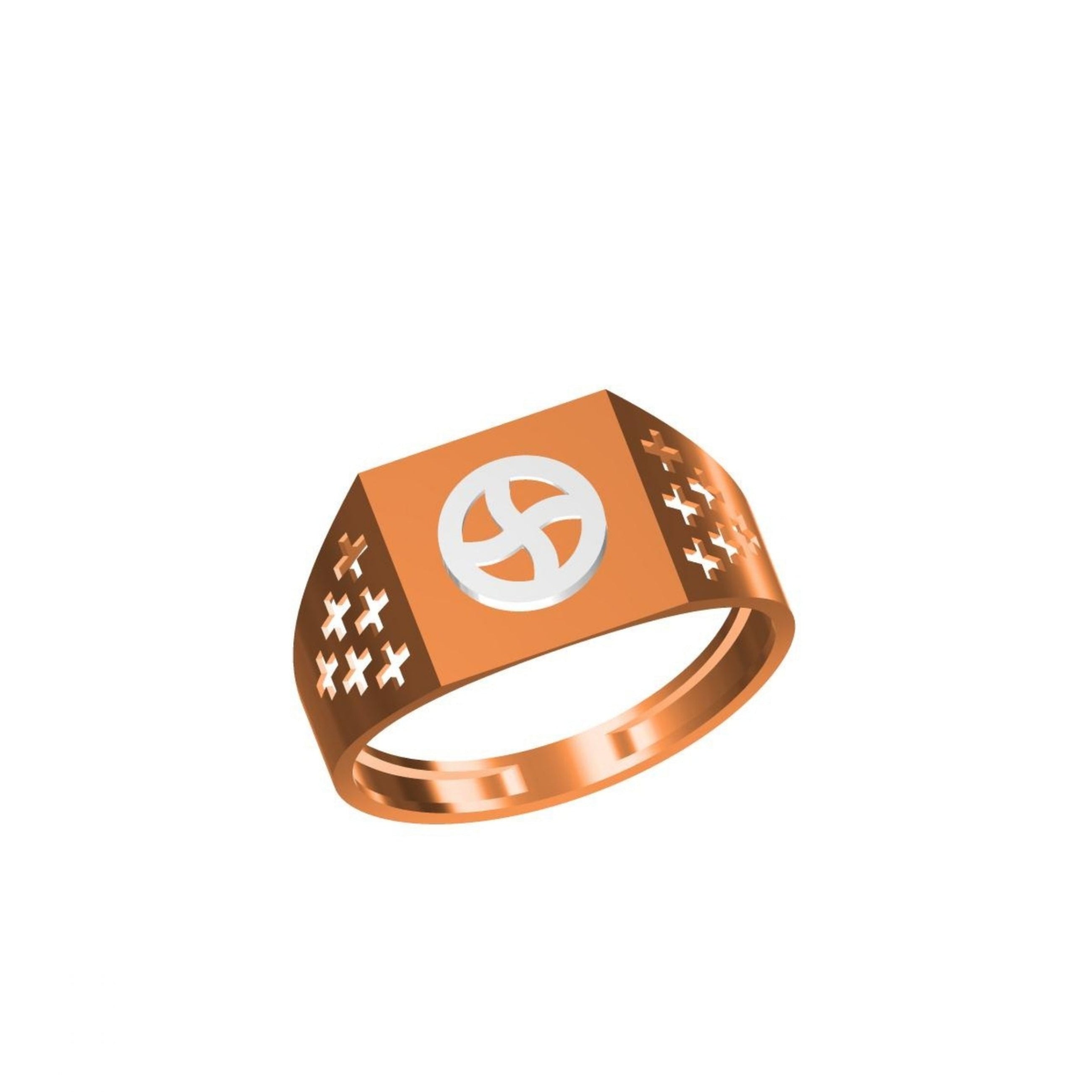 A rose gold signet ring with a white circular emblem on a square face, flanked by cross-cut details, shown on a plain white background with a model code label and 'DC' logo.