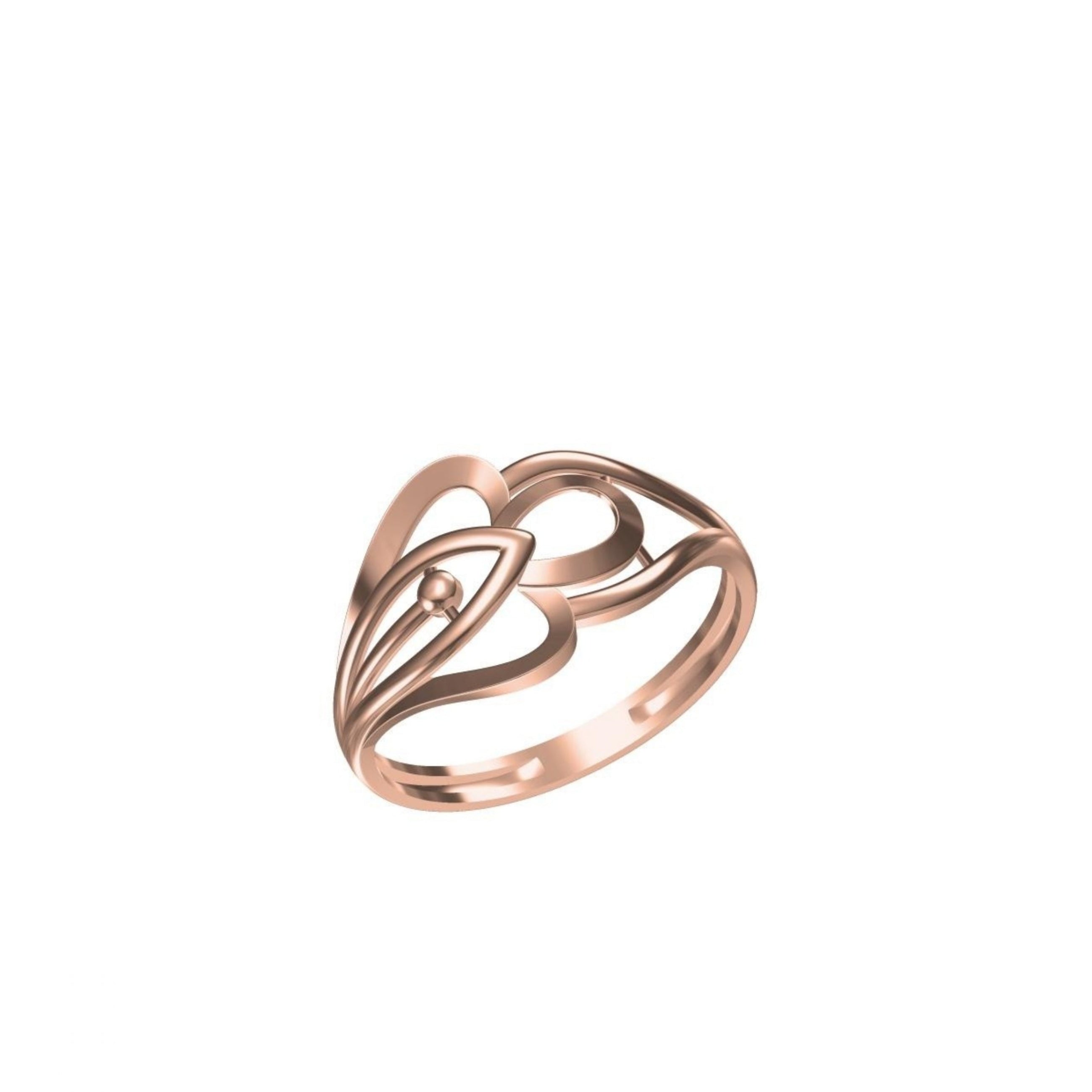 A rose gold ring with an abstract, flowing openwork design, shown on a plain white background with a small model number and brand logo at the bottom.