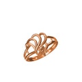 A rose gold ring with a stylized openwork design featuring a small flower motif at the center, shown on a plain white background with a model number label and logo at the bottom.
