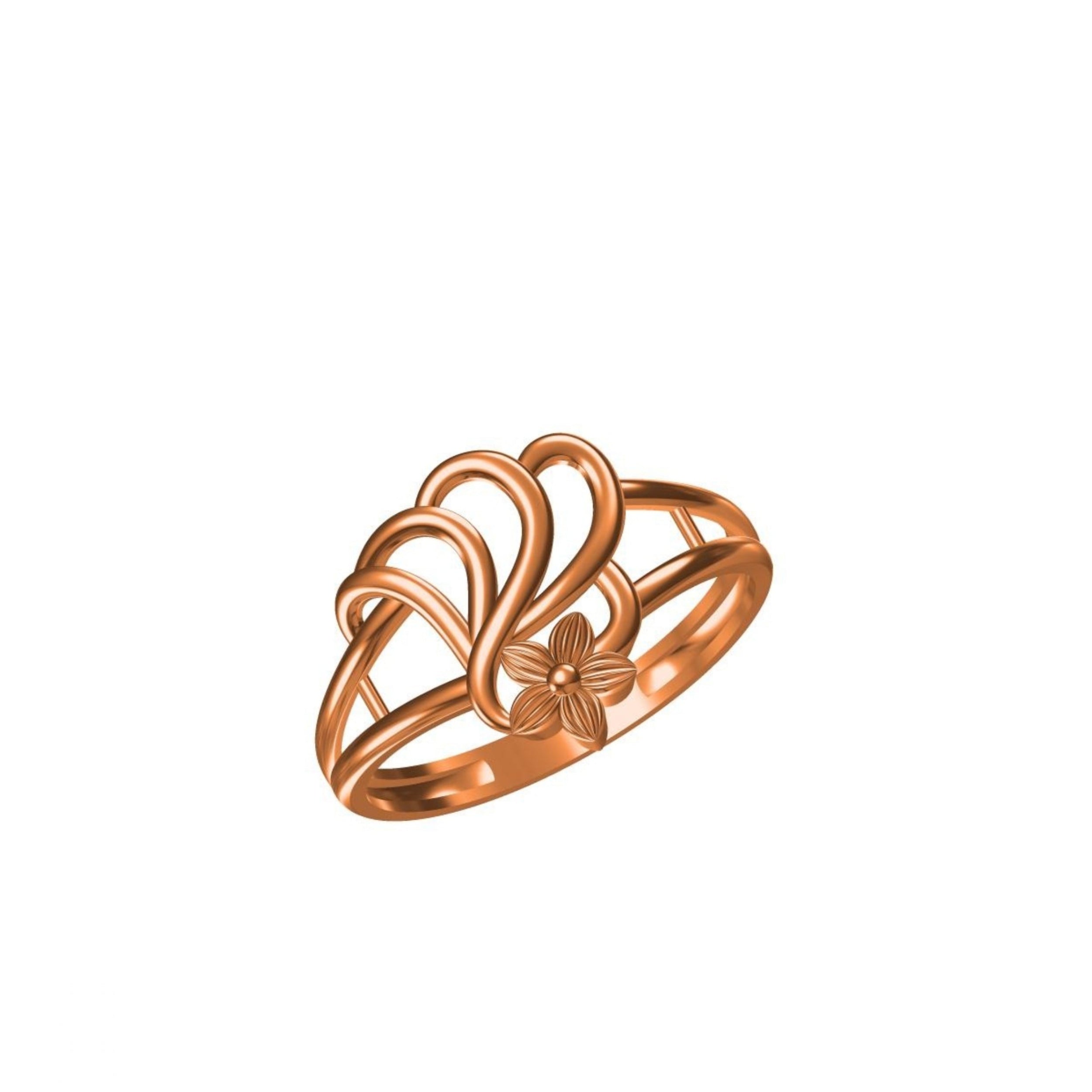 A rose gold ring with a stylized openwork design featuring a small flower motif at the center, shown on a plain white background with a model number label and logo at the bottom.
