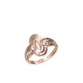 A rose gold ring with a stylized, openwork design resembling two intertwined leaf or wing shapes, shown on a plain white background with a small model number and brand logo at the bottom.