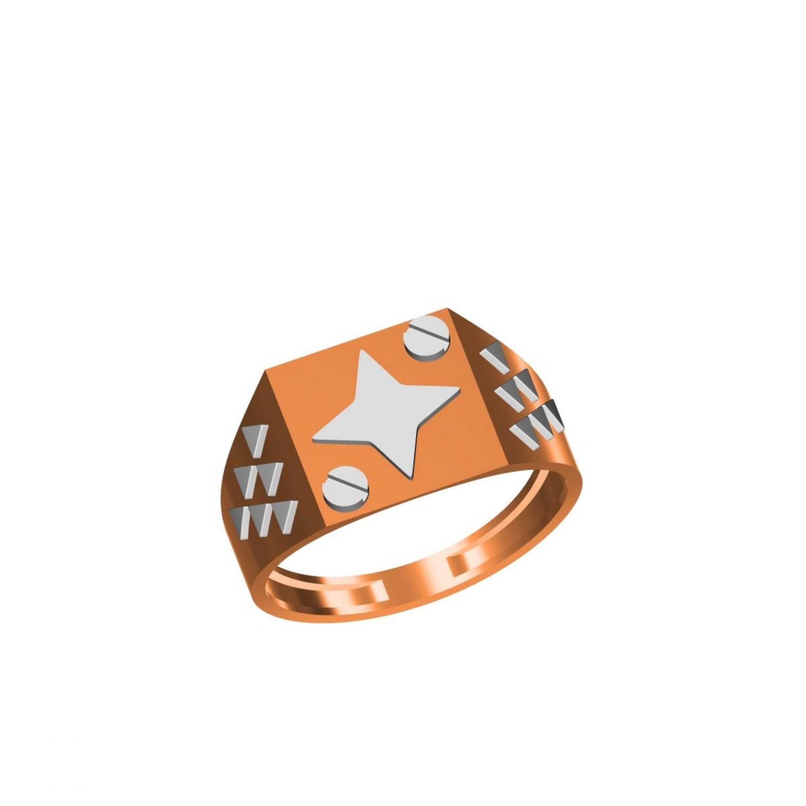 A rose gold signet ring with a faceted geometric band, featuring a central silver star and silver geometric accents, shown on a plain white background with a model number and brand logo at the bottom.