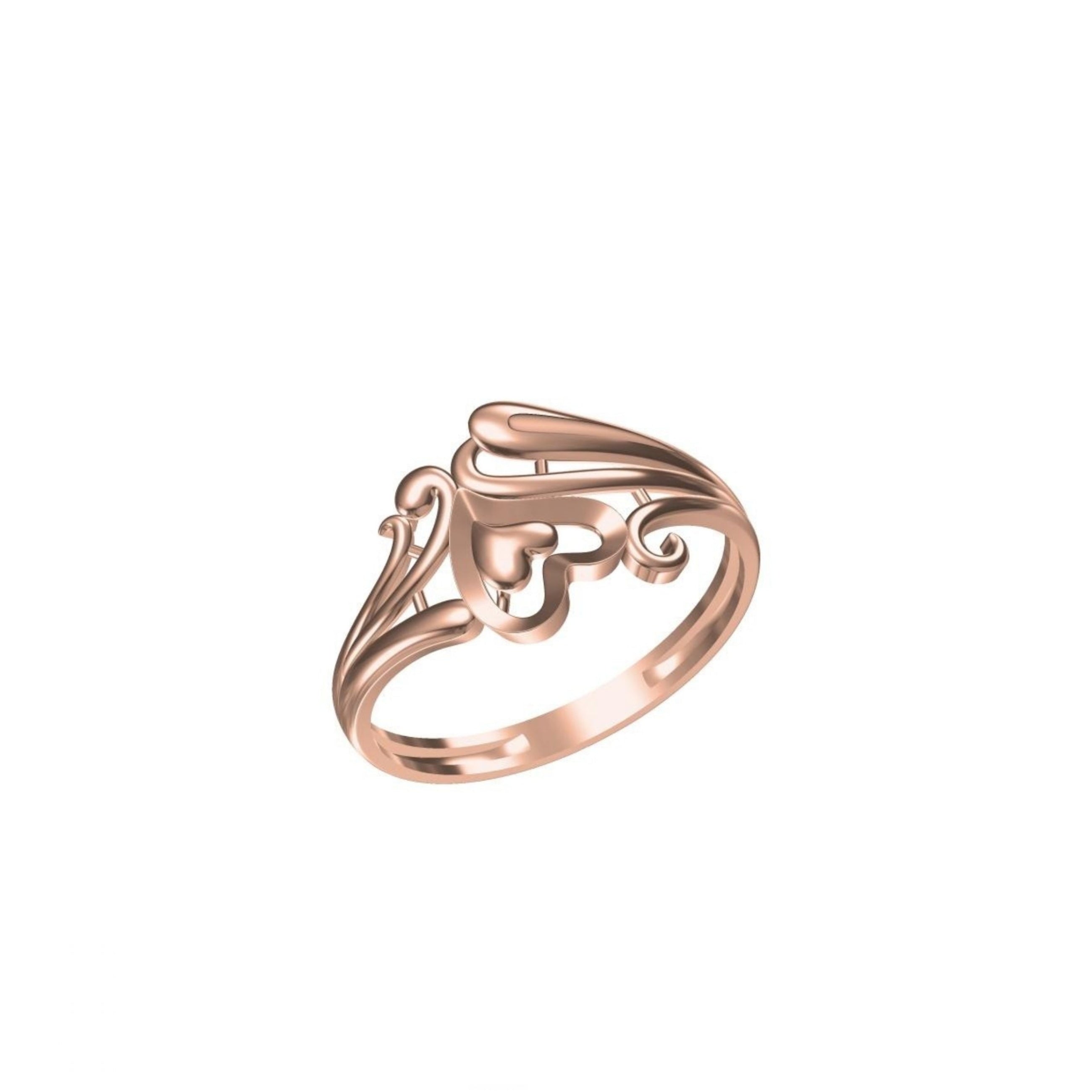 A rose gold ring with an ornate, openwork scroll design and a small heart motif, shown on a plain white background with a product code label and 'DC' logo at the bottom.