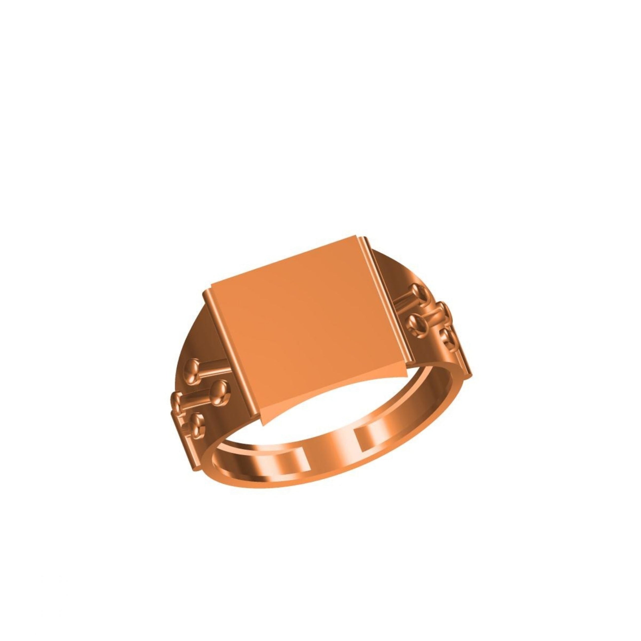 A rose gold signet ring with a blank square face and decorative side details, shown on a plain white background with a model number label and logo at the bottom.