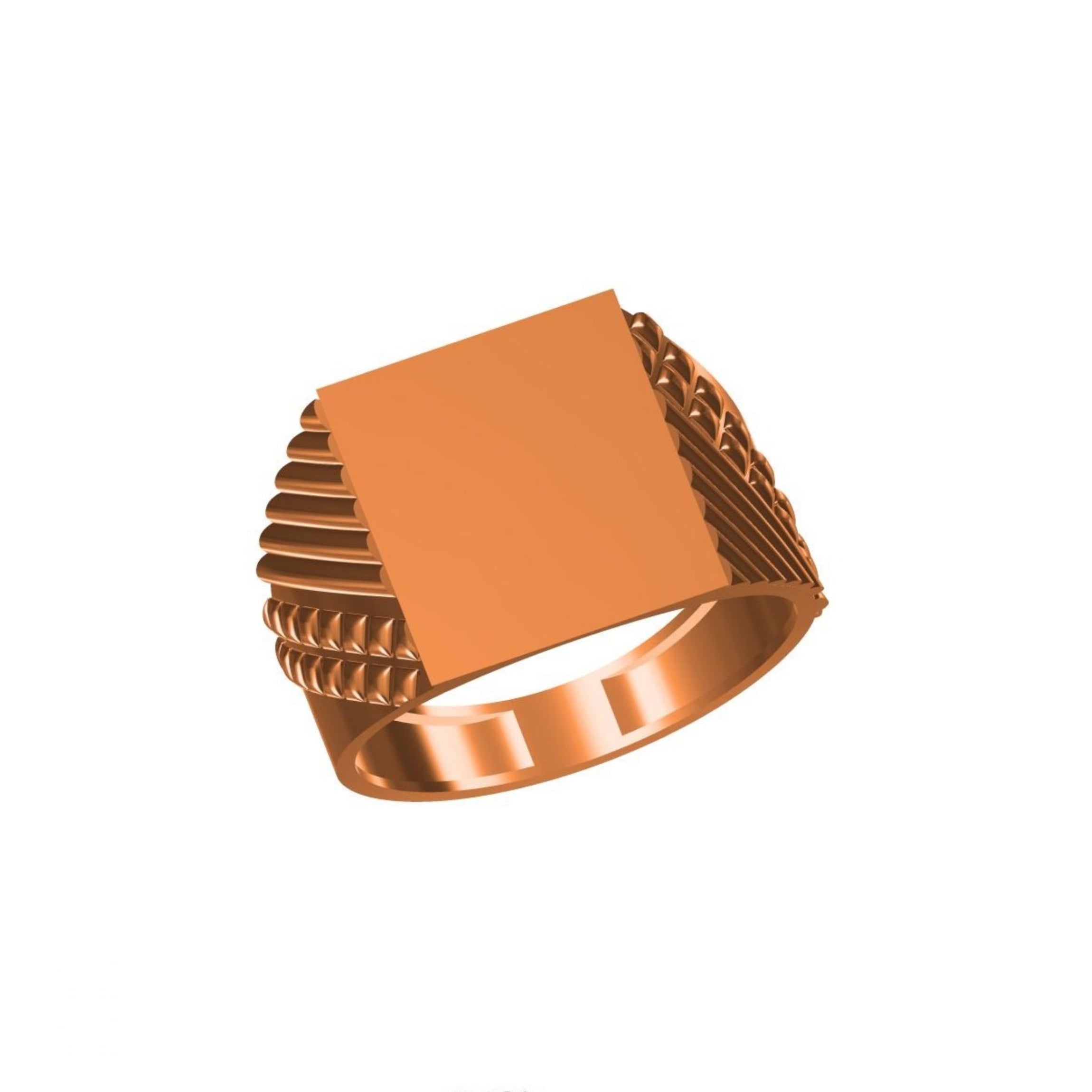 A rose gold signet ring with a flat rectangular face and textured beaded sides, shown on a plain white background with a small model code label and 'DC' logo at the bottom.
