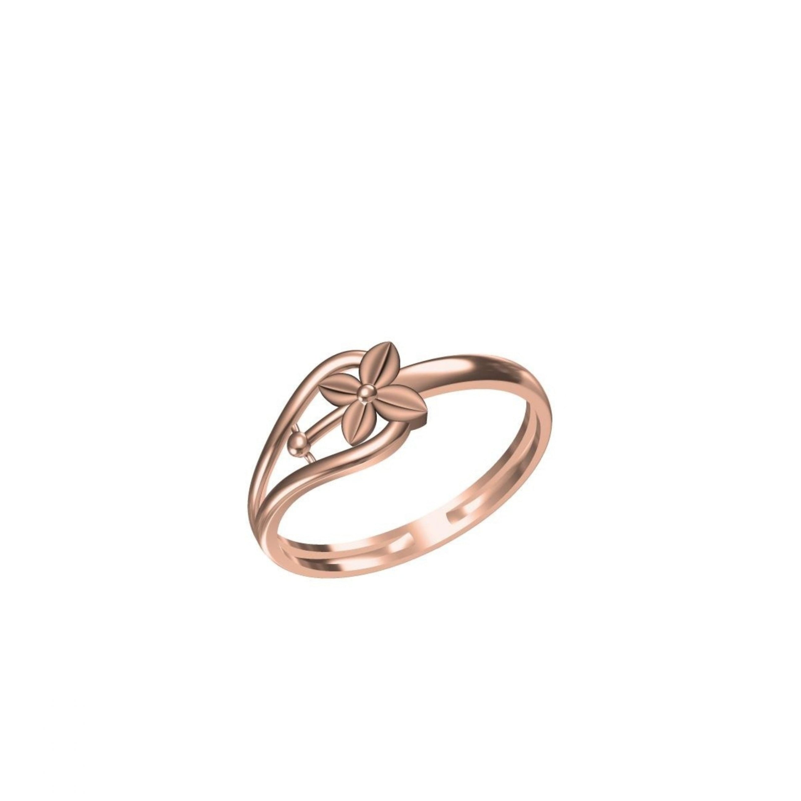 A rose gold ring with a stylized, openwork floral design on a clean white background, featuring a small 'DC' brand logo and a product code label at the bottom.