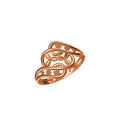 A rose gold ring with an intricate, openwork filigree design featuring interlocking loops and small textured floral details, shown on a plain white background with a model number and brand logo at the bottom.
