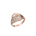 A rose gold ring with a stylized, openwork design featuring a circular cutout pattern on the front, shown against a plain white background with a model number and brand logo at the bottom.
