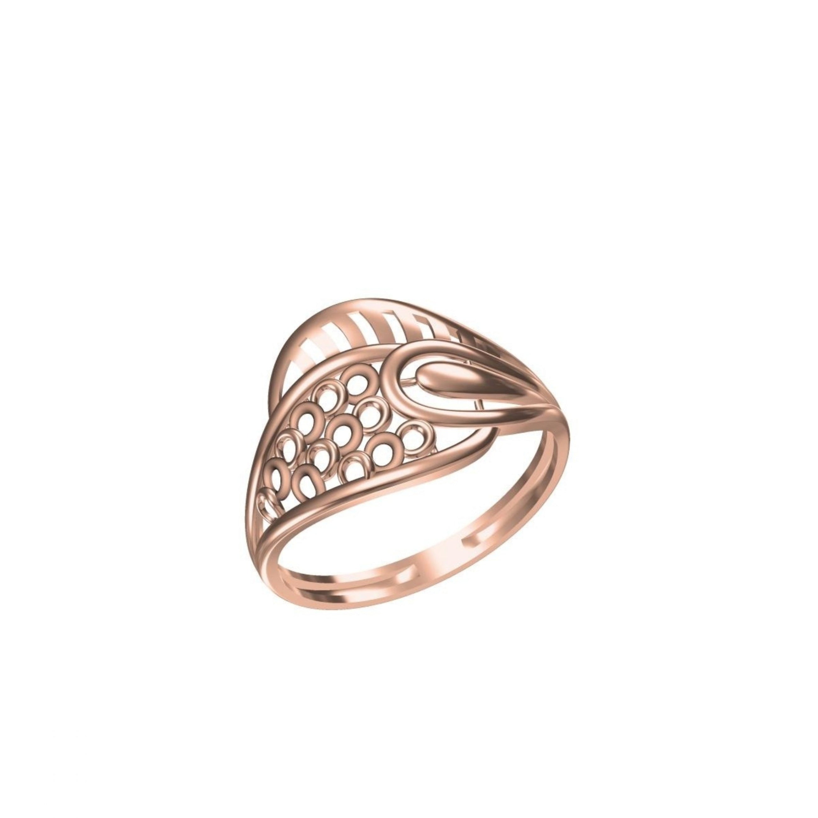 A rose gold ring with a stylized, openwork design featuring a circular cutout pattern on the front, shown against a plain white background with a model number and brand logo at the bottom.