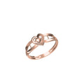 A rose gold ring with a heart-shaped cutout design on the band, shown against a plain white background with a small model number and logo at the bottom.