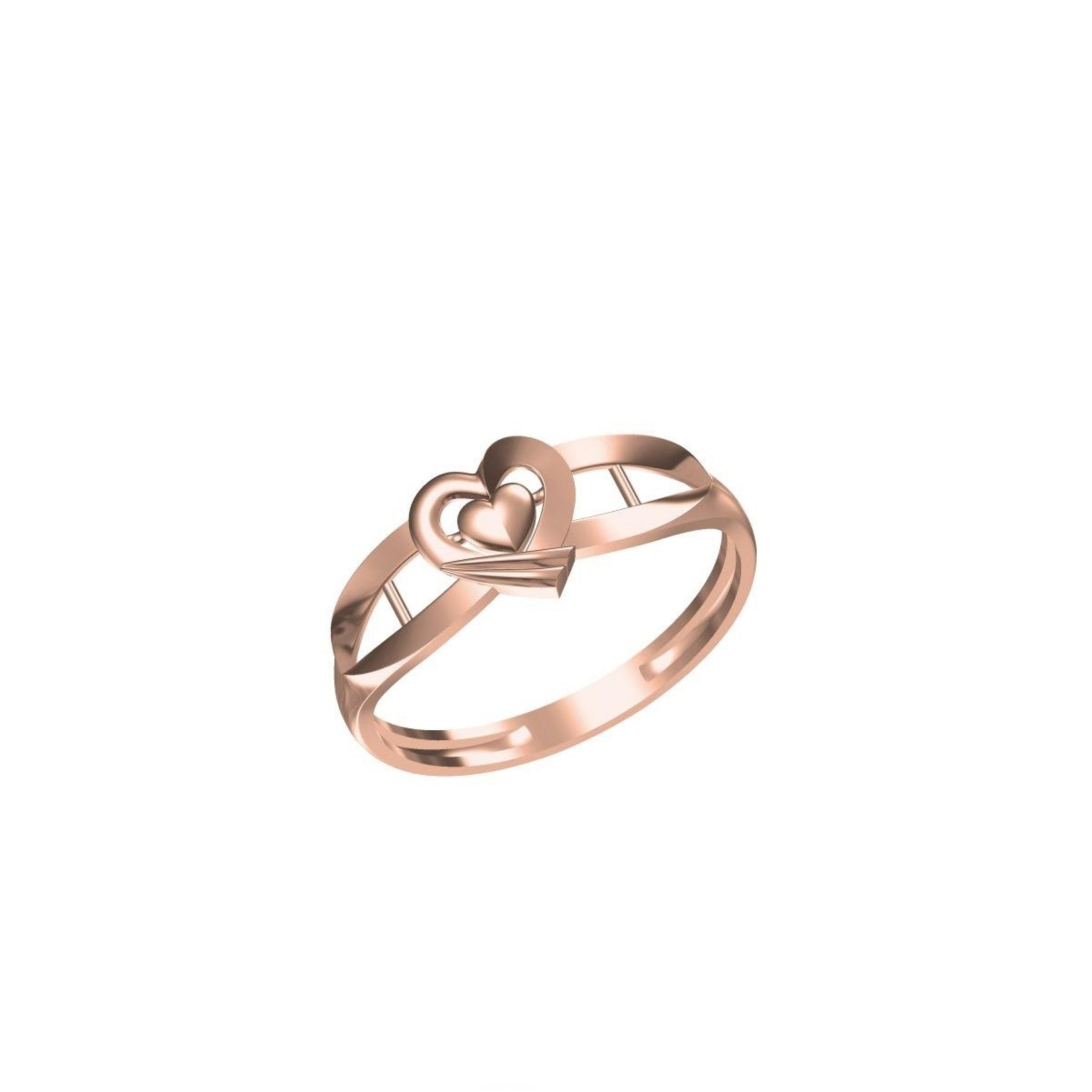 A rose gold ring with a heart-shaped cutout design on the band, shown against a plain white background with a small model number and logo at the bottom.