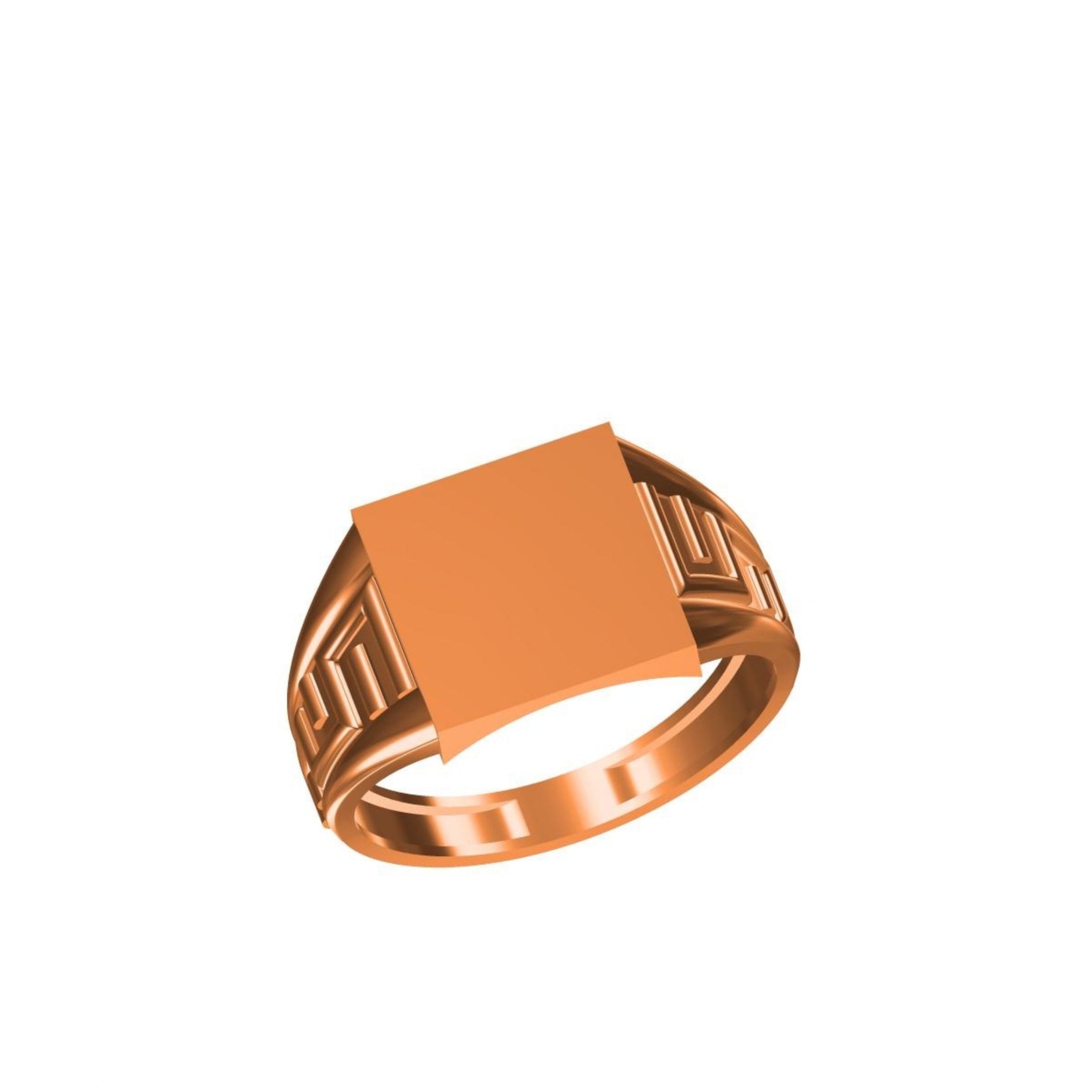 A 3D render of a signet ring with a square face and a Greek key pattern on the band, shown on a plain white background with a model number and logo.