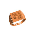 A rose gold signet ring featuring an embossed rearing horse on its face, shown against a plain white background with a model number and brand logo at the bottom.