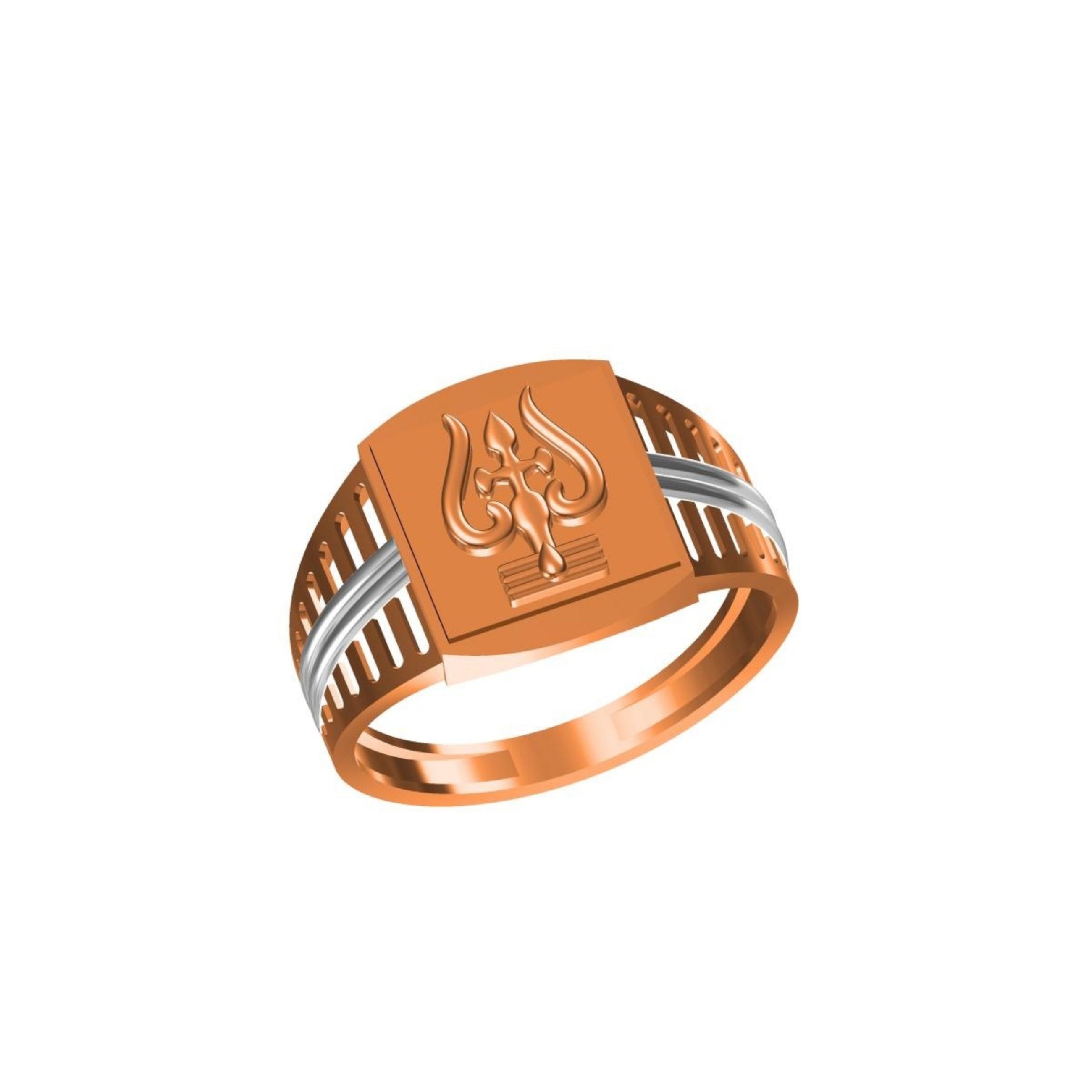 A rose gold signet ring with a central flame motif and two silver-colored accent stripes on the band, shown on a plain white background with a small model code label and logo at the bottom.