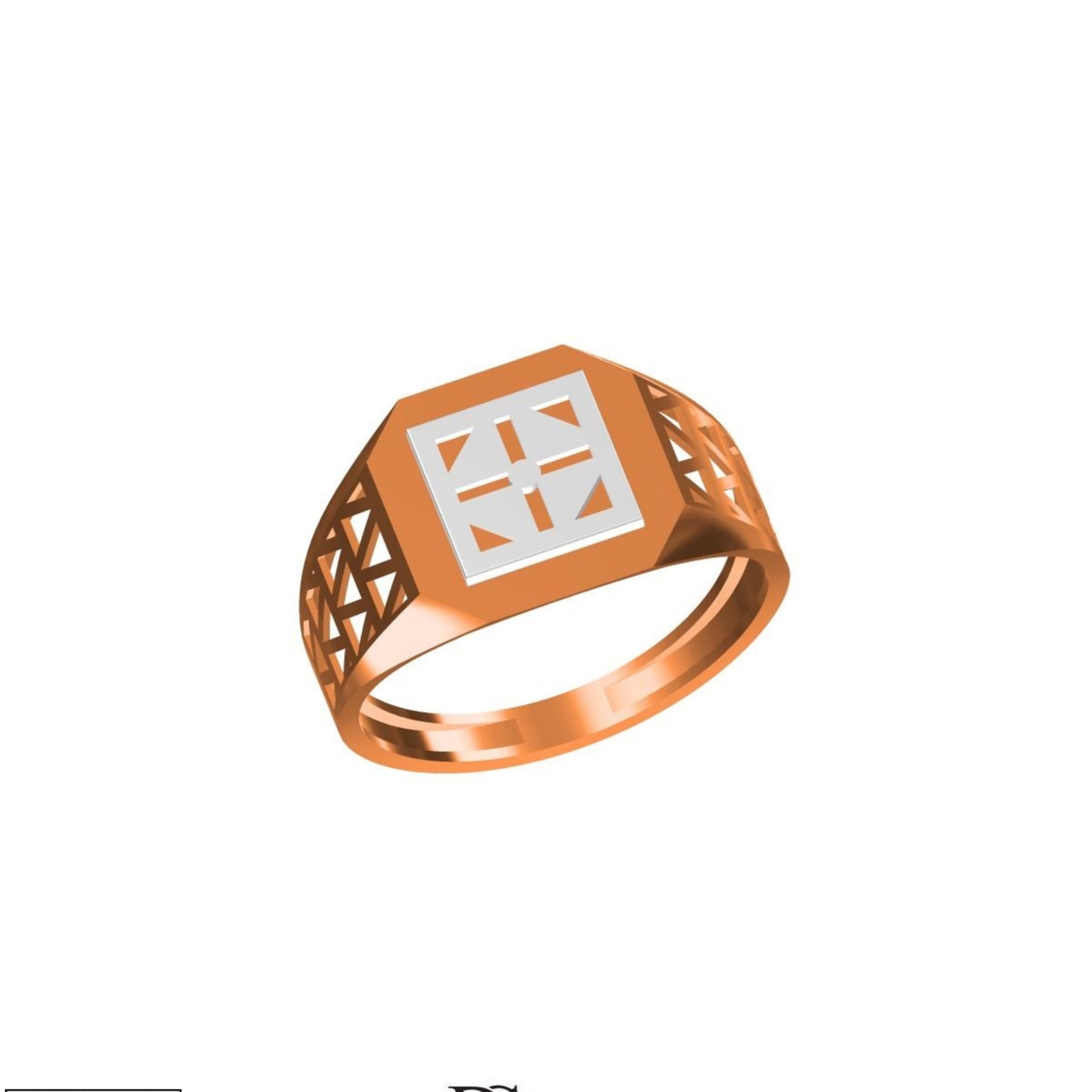 A rose gold signet ring with a white inlay featuring a cross and geometric patterns, shown on a plain white background with a model number and brand logo at the bottom.