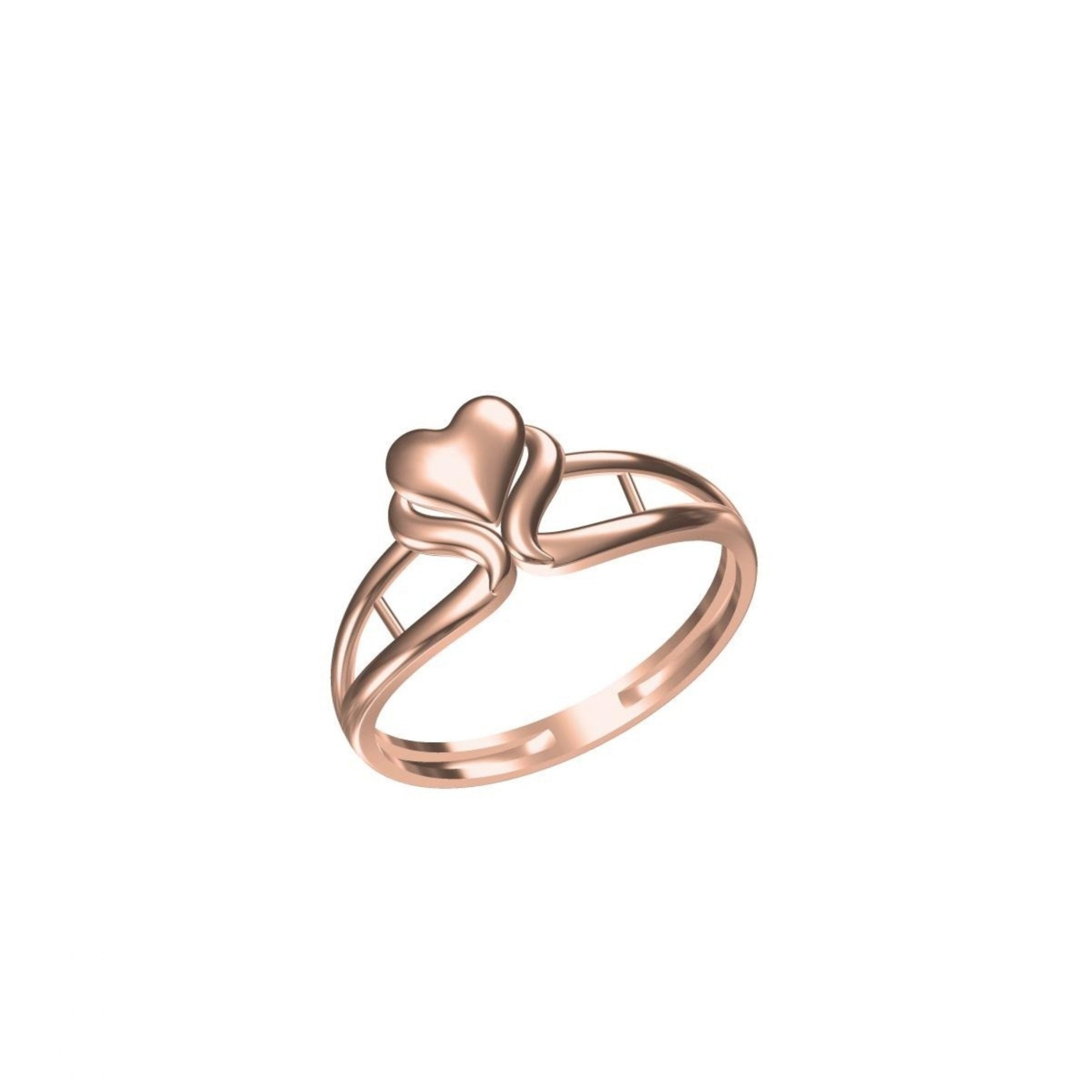 A rose gold ring featuring a heart-shaped top with a split band design, shown on a plain white background with a small model number and logo at the bottom.