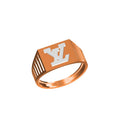A rose gold signet ring with a white LV monogram on a clean white background, featuring a model code label and brand logo at the bottom.