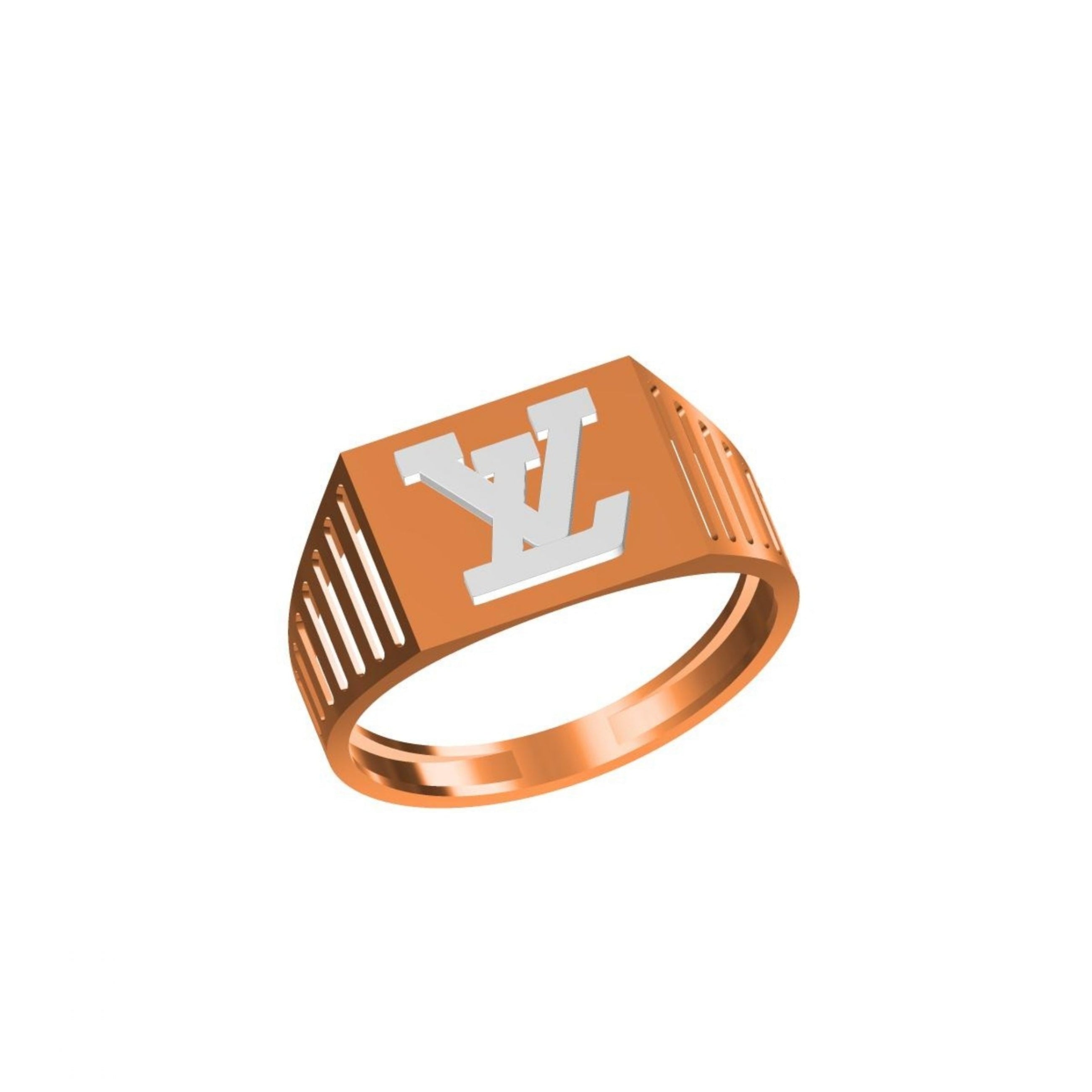 A rose gold signet ring with a white LV monogram on a clean white background, featuring a model code label and brand logo at the bottom.