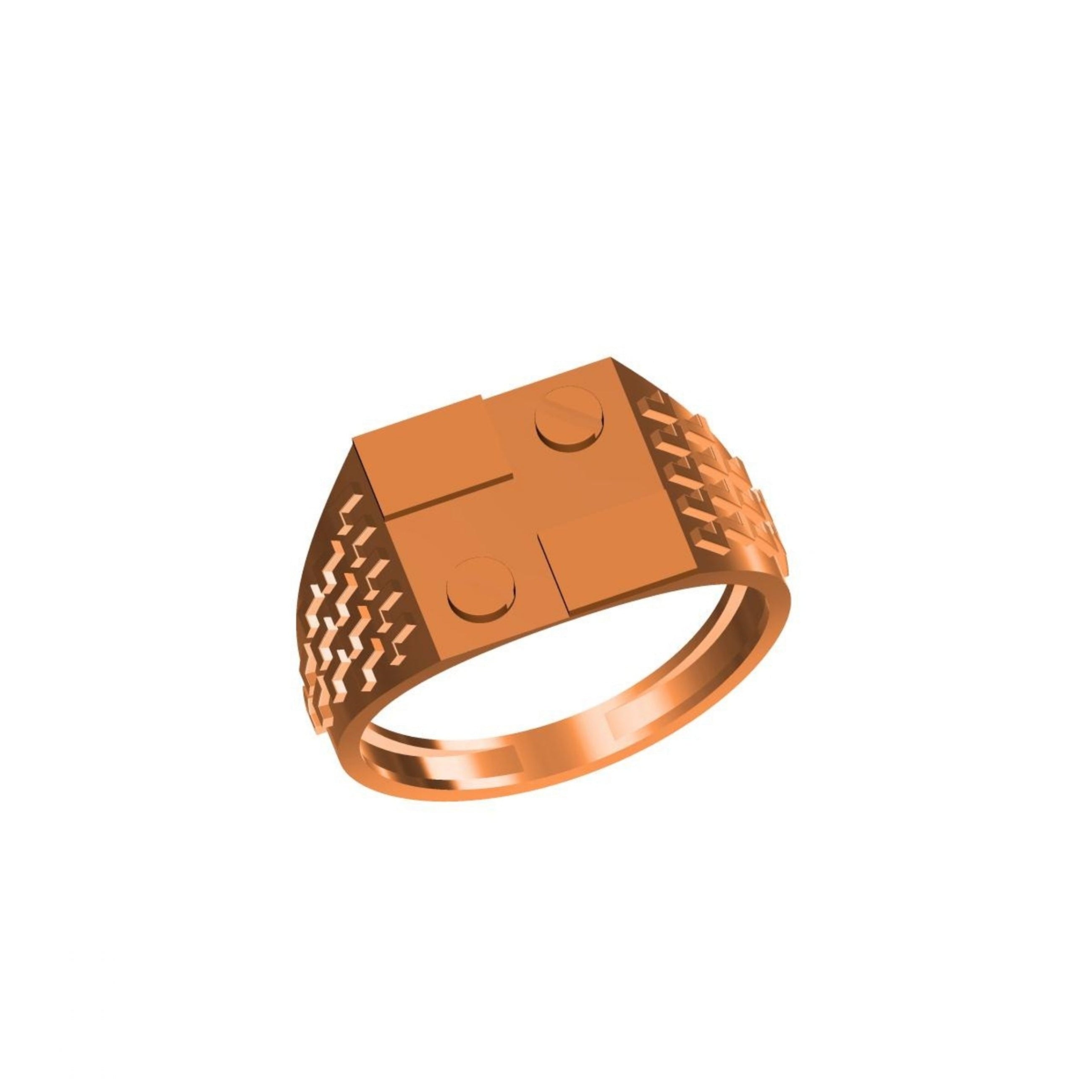 A rose gold signet ring with a geometric, block-like face featuring circular cutouts and textured sides, shown on a plain white background with a small catalog label and 'DC' logo at the bottom.