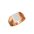 A men's signet ring in rose gold with a square face paved with clear stones, shown on a plain white background with a small model sheet and 'IC' logo in the lower-left corner.