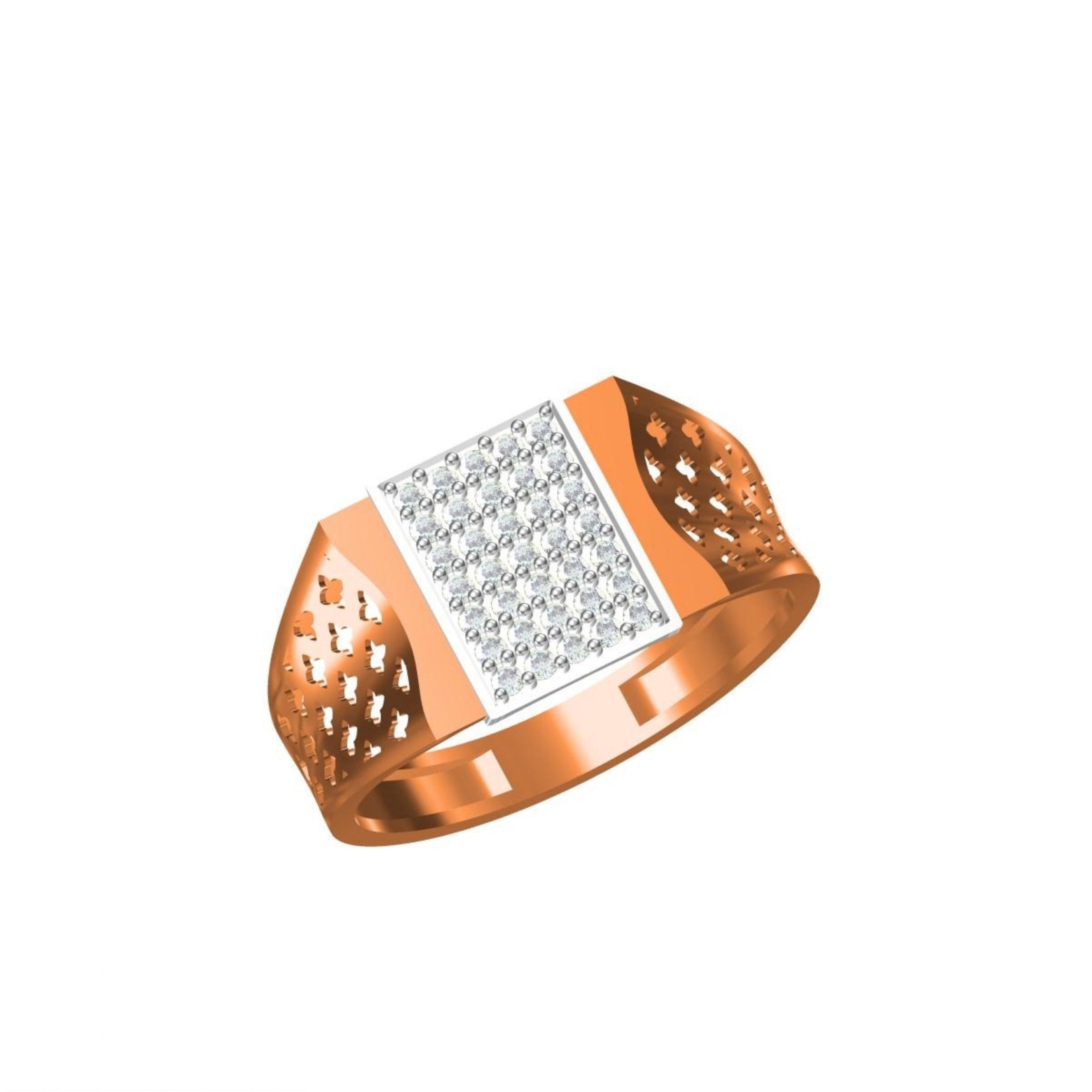 A men's signet ring in rose gold with a square face paved with clear stones, shown on a plain white background with a small model sheet and 'IC' logo in the lower-left corner.