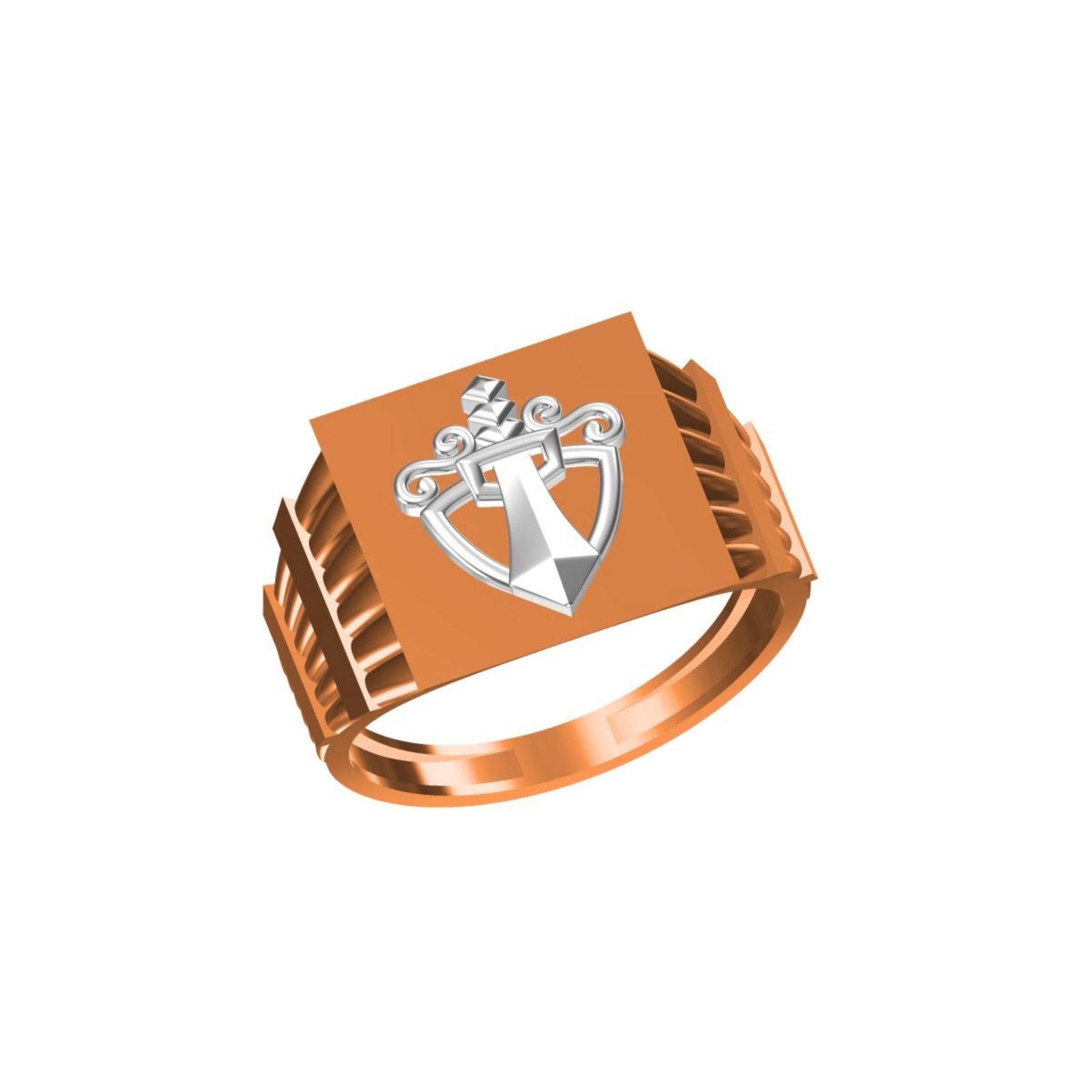 A rose gold signet ring with a square face featuring a silver anchor and crown emblem, shown on a plain white background with a model code label and logo at the bottom.