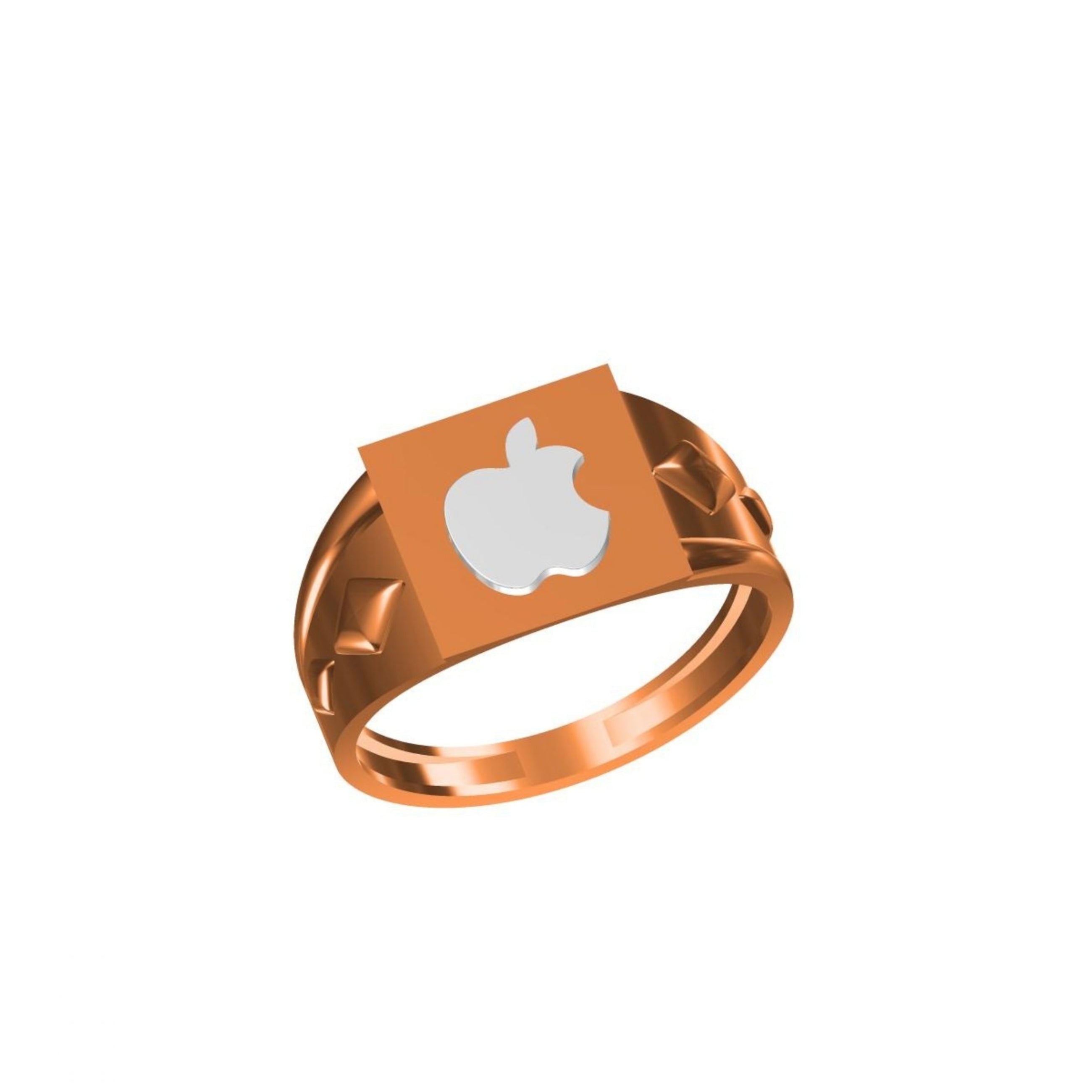 A rose gold signet ring featuring a square face with a silver Apple logo cutout, shown on a plain white background with a small model code label in the bottom left and an 'IC' mark below.